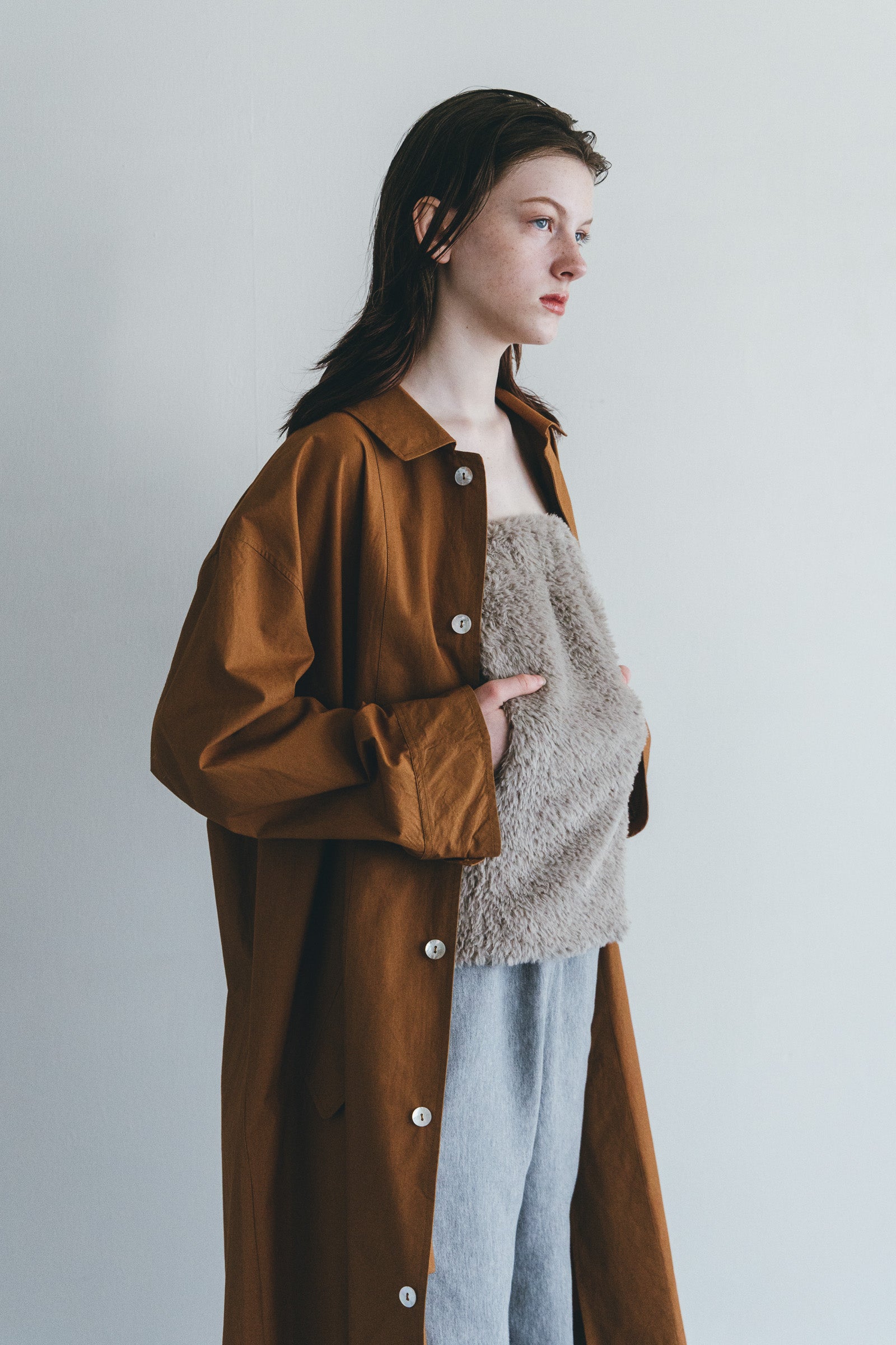 Women Pointed Collar Buttoned Long Coat - Amber