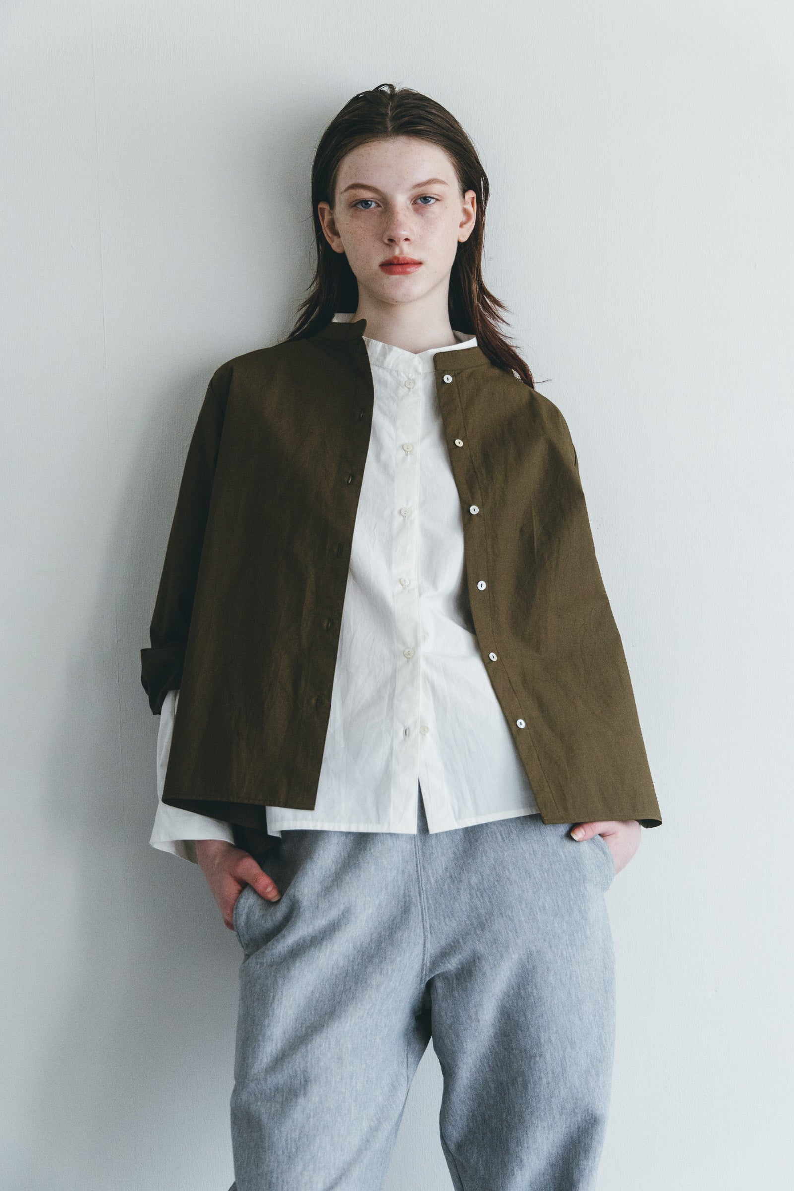 Women Round Collar Buttoned Long Sleeve Shirt - Khaki