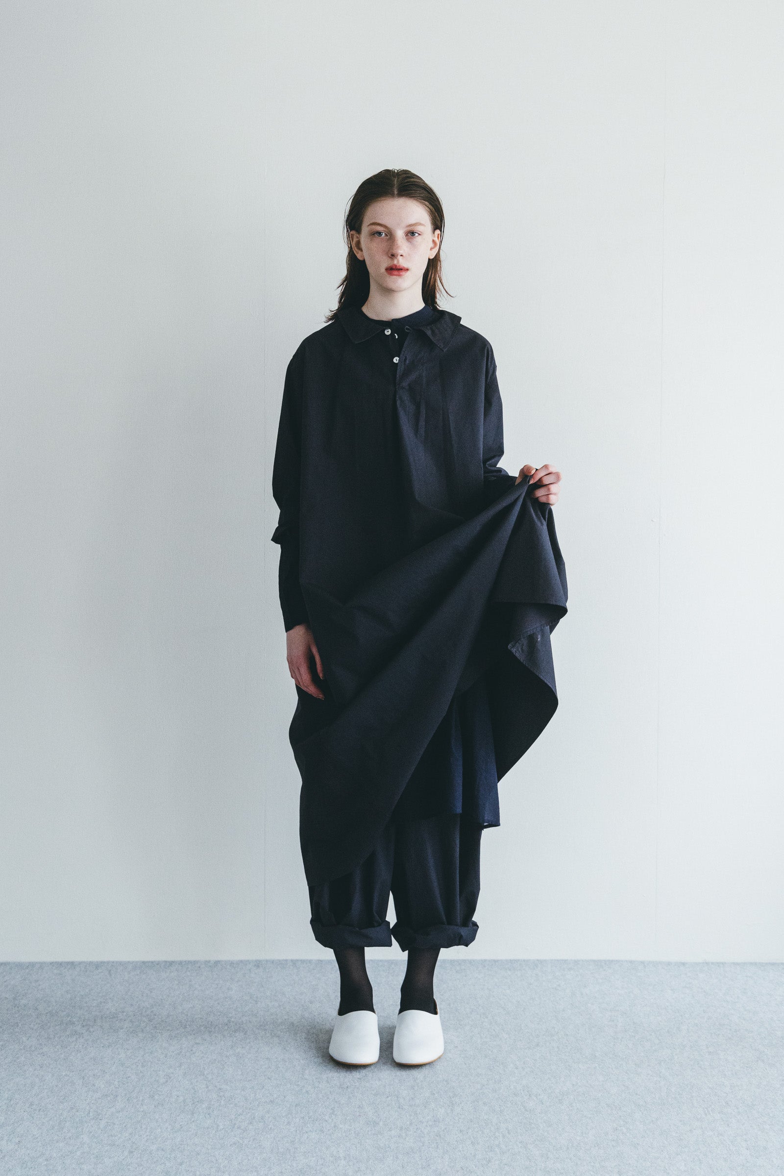 Women Pointed Collar Cotton Long Dress - Navy