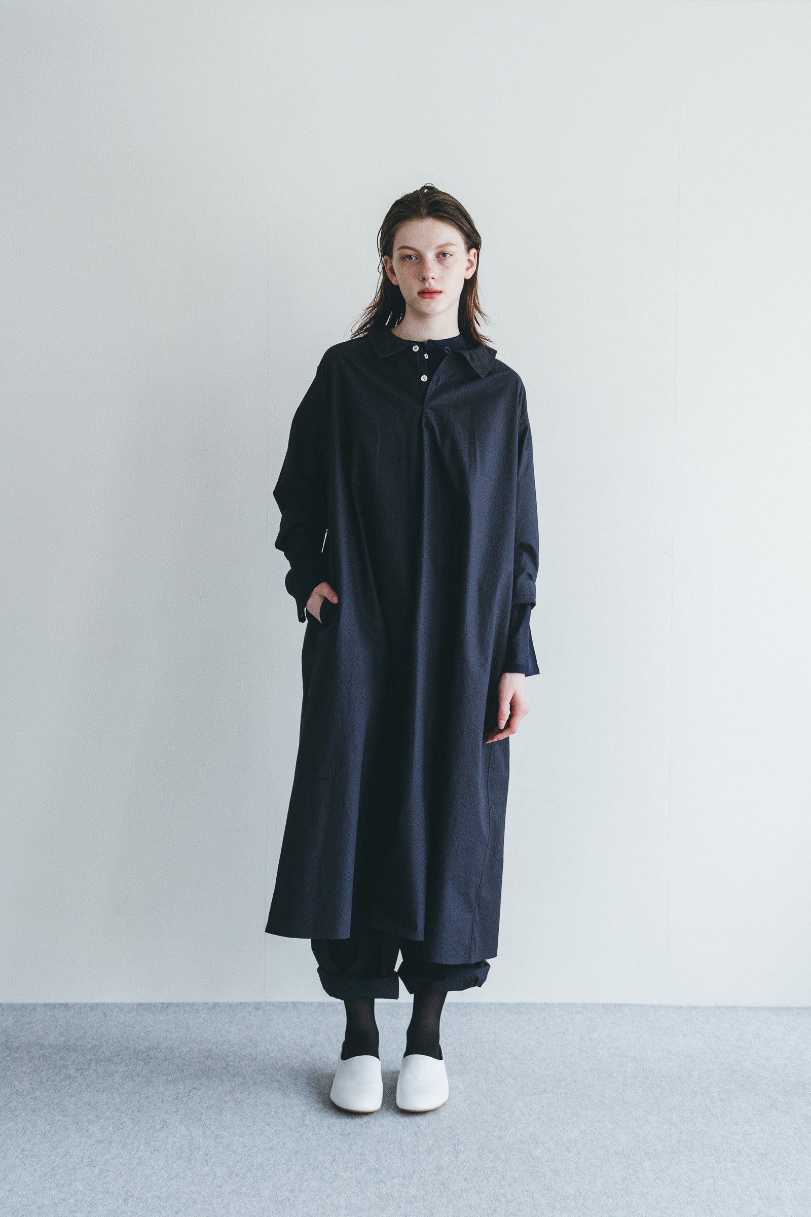 Women Pointed Collar Cotton Long Dress - Navy