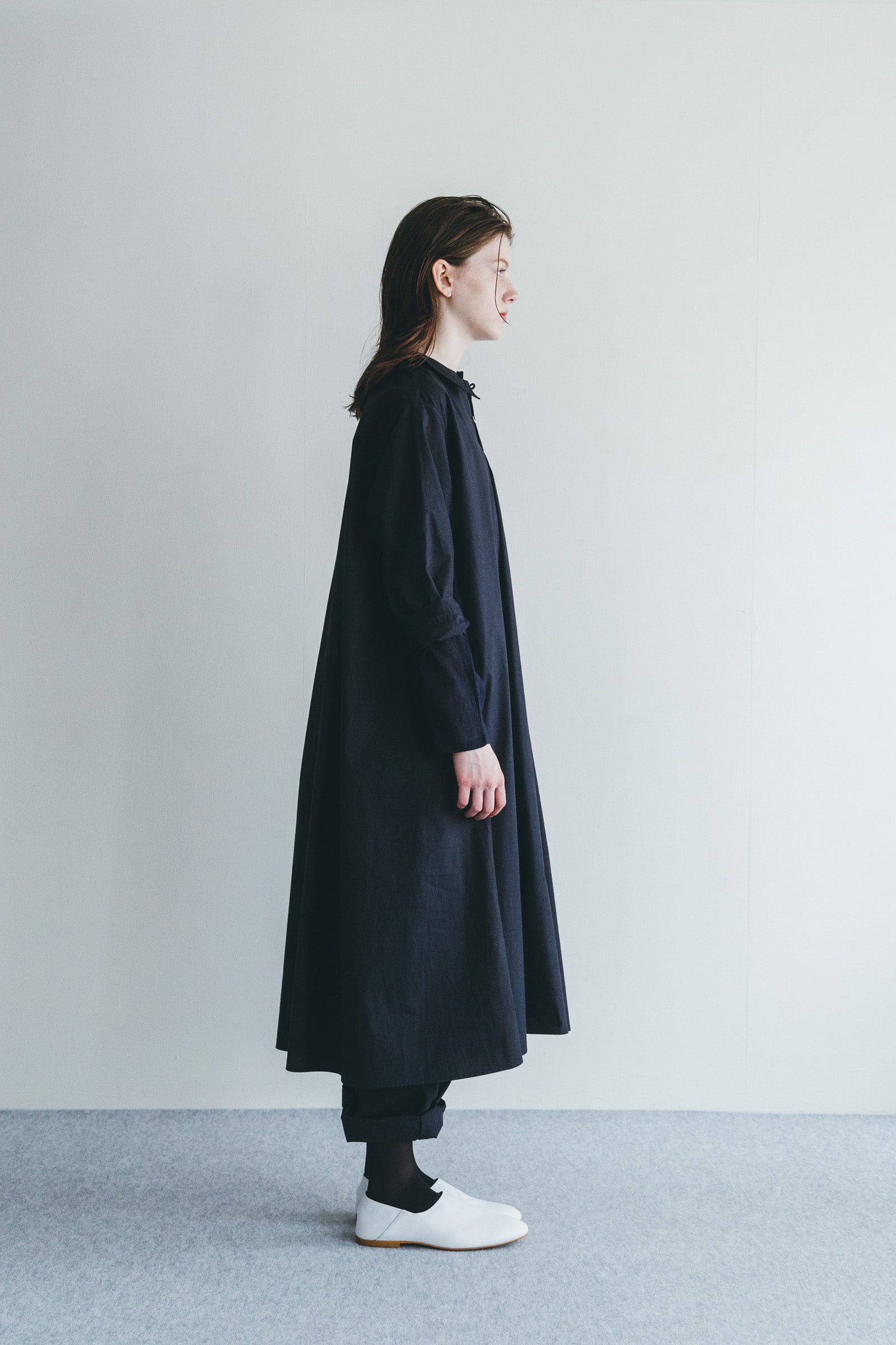 Women Pointed Collar Cotton Long Dress - Navy