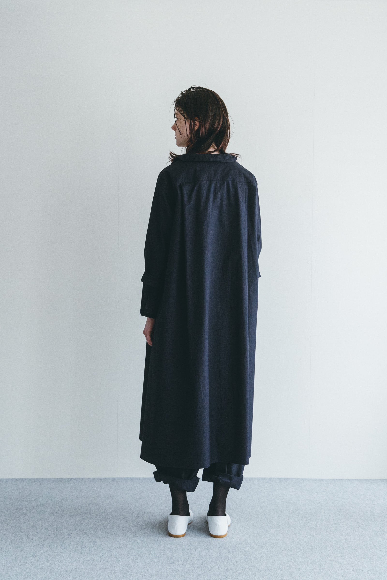 Women Pointed Collar Cotton Long Dress - Navy