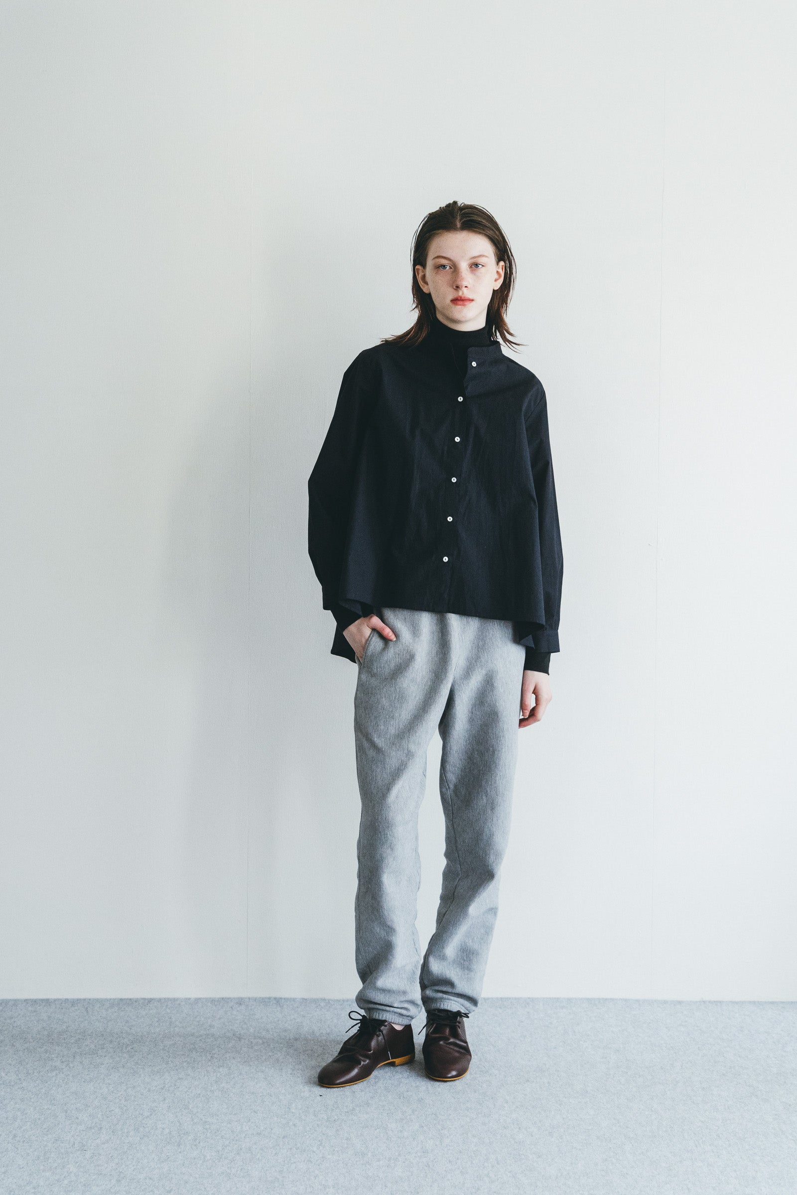 Women Round Collar Buttoned Long Sleeve Shirt - Navy