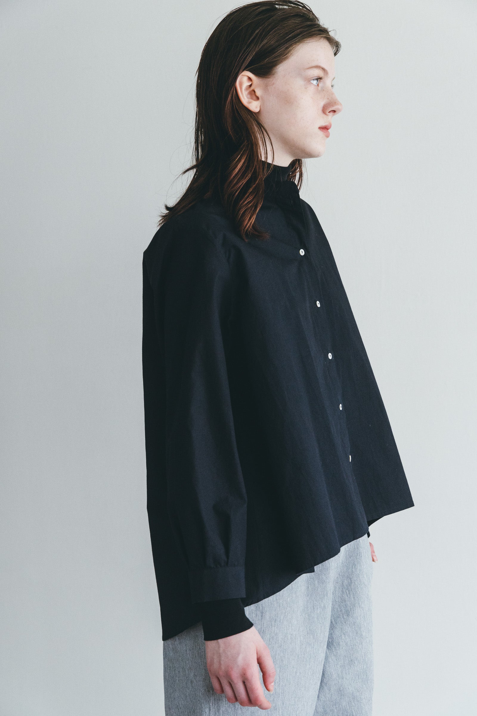 Women Round Collar Buttoned Long Sleeve Shirt - Navy