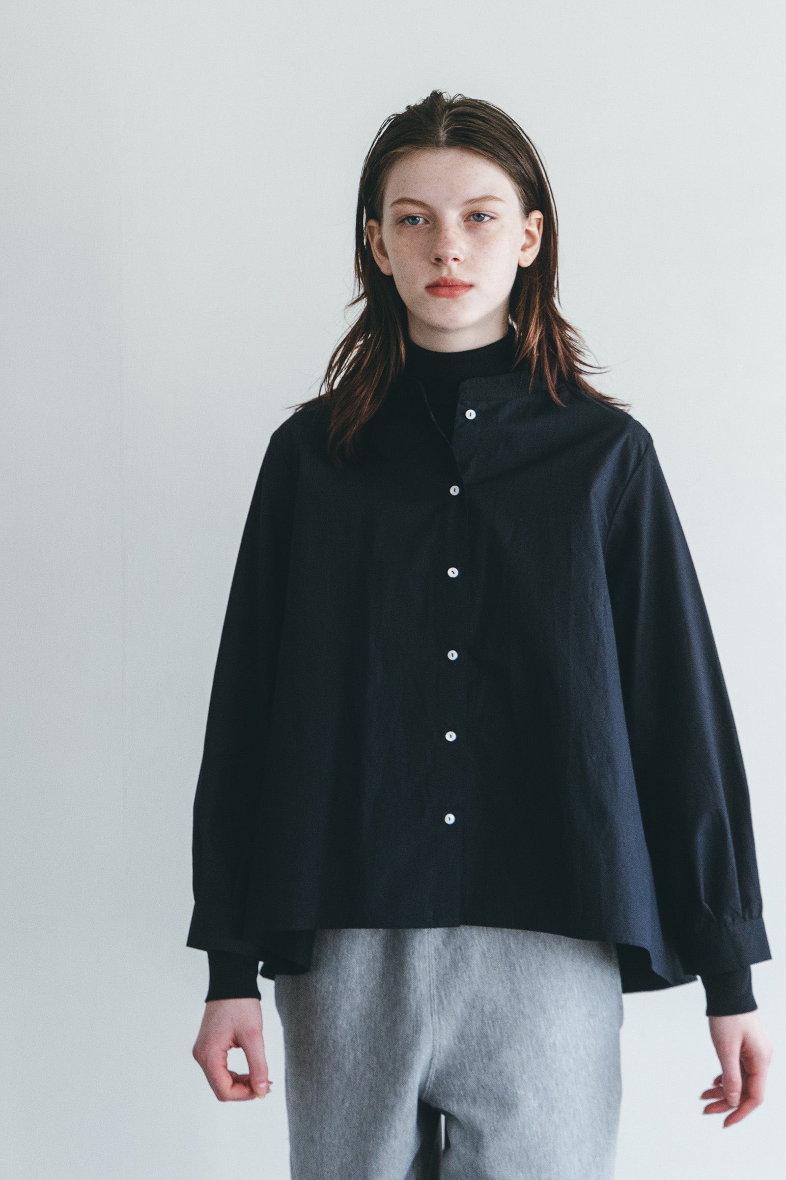 Women Round Collar Buttoned Long Sleeve Shirt - Navy