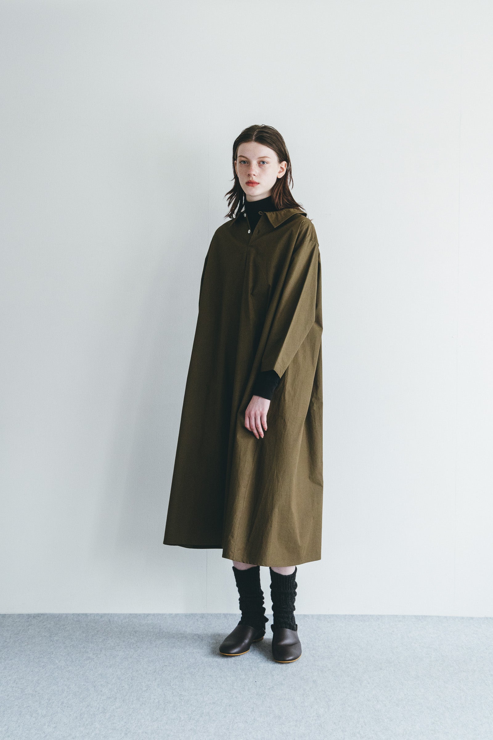 Women Pointed Collar Cotton Long Dress - Khaki