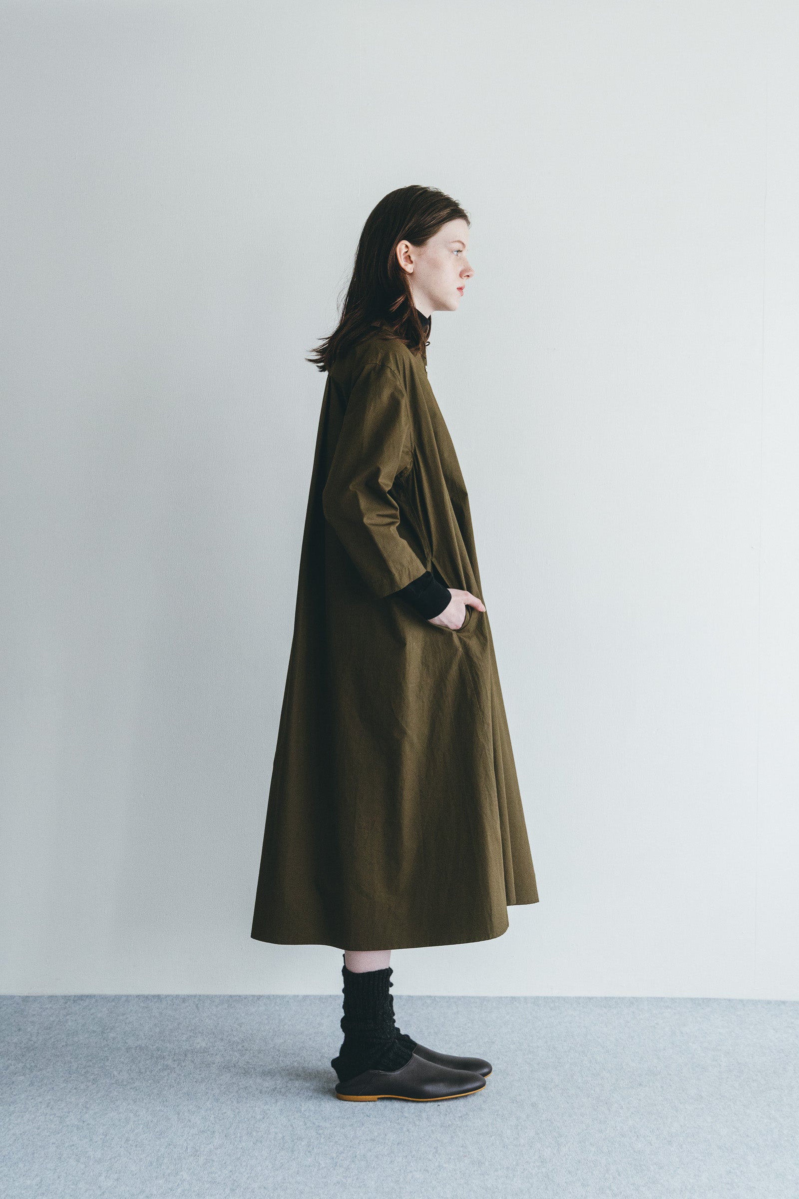 Women Pointed Collar Cotton Long Dress - Khaki