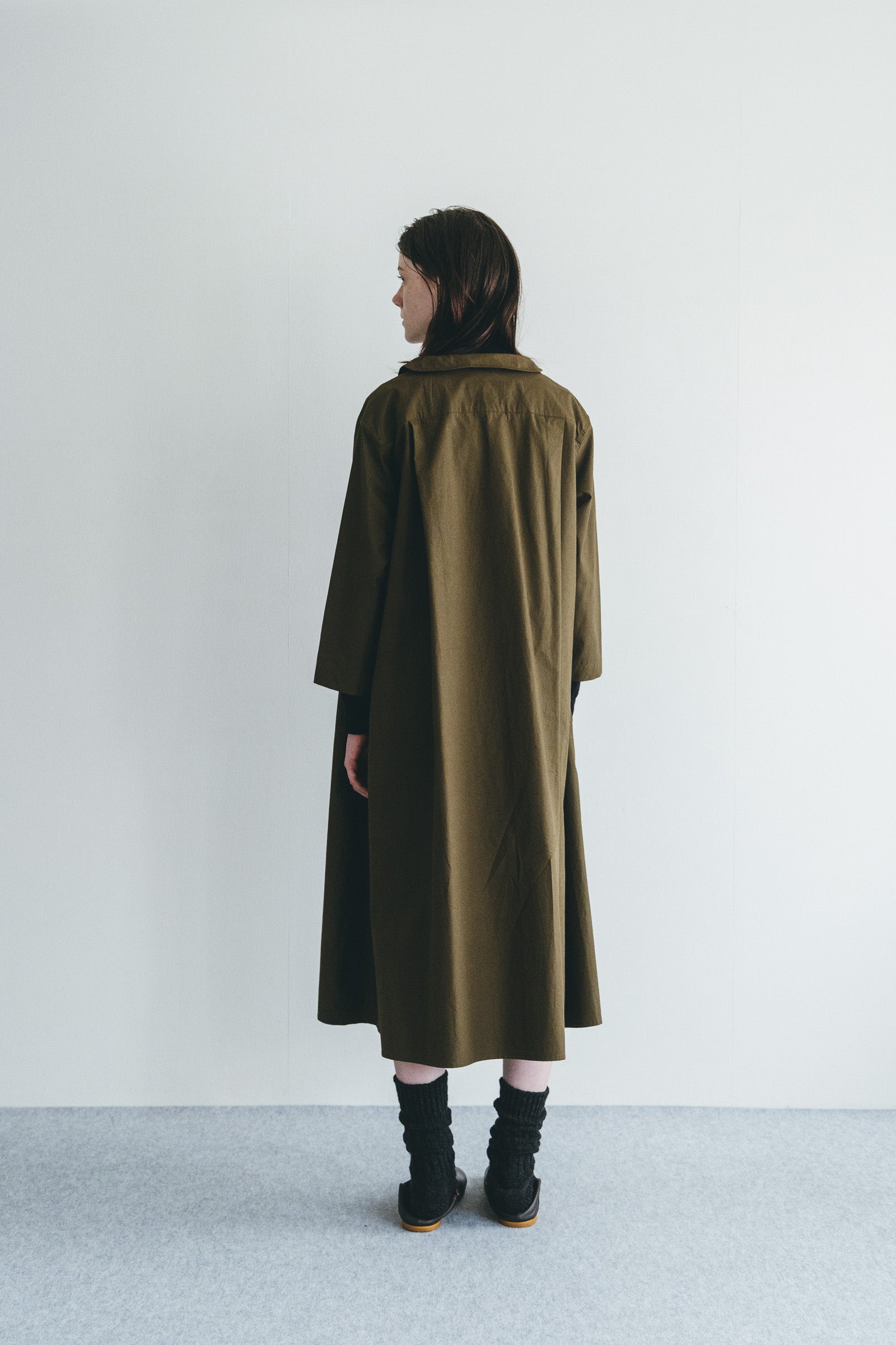Women Pointed Collar Cotton Long Dress - Khaki