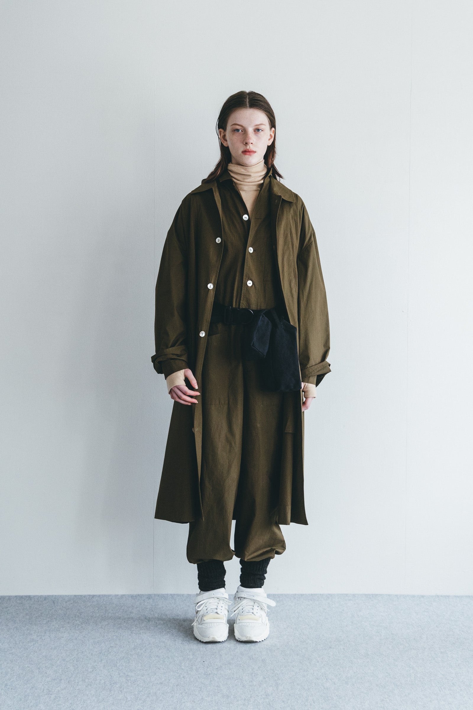 Women Pointed Collar Buttoned Long Coat - Khaki