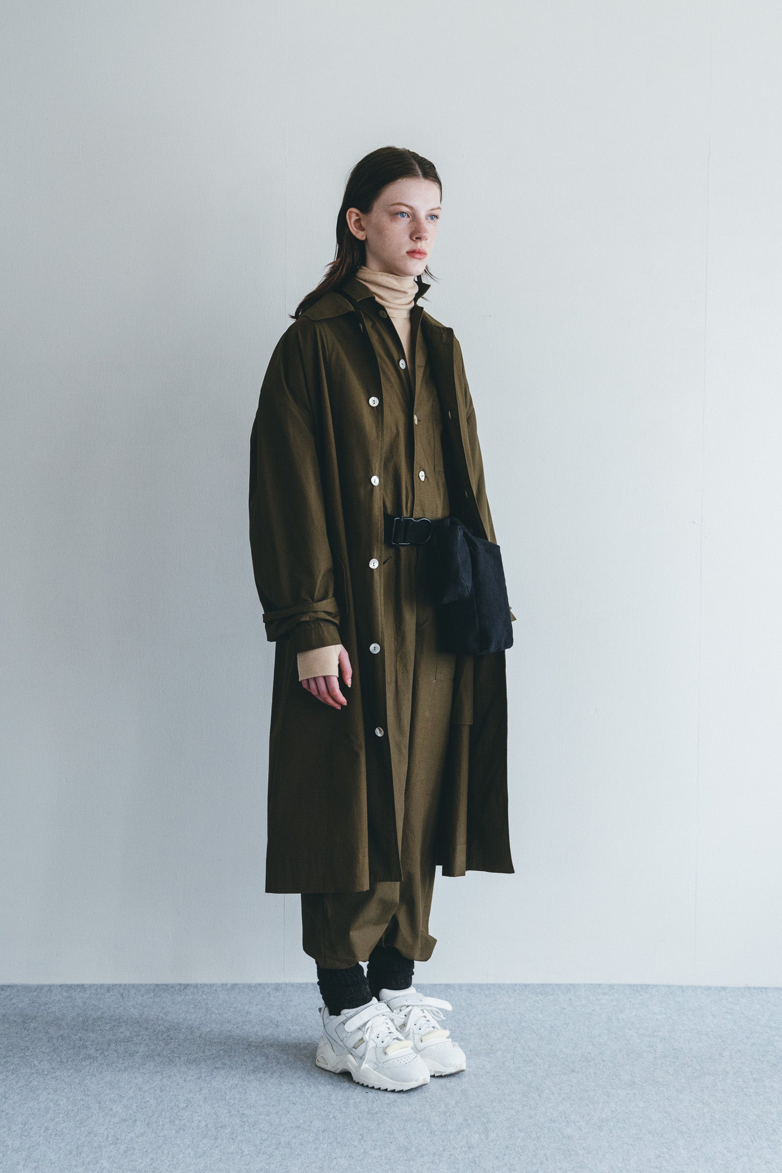 Women Pointed Collar Buttoned Long Coat - Khaki