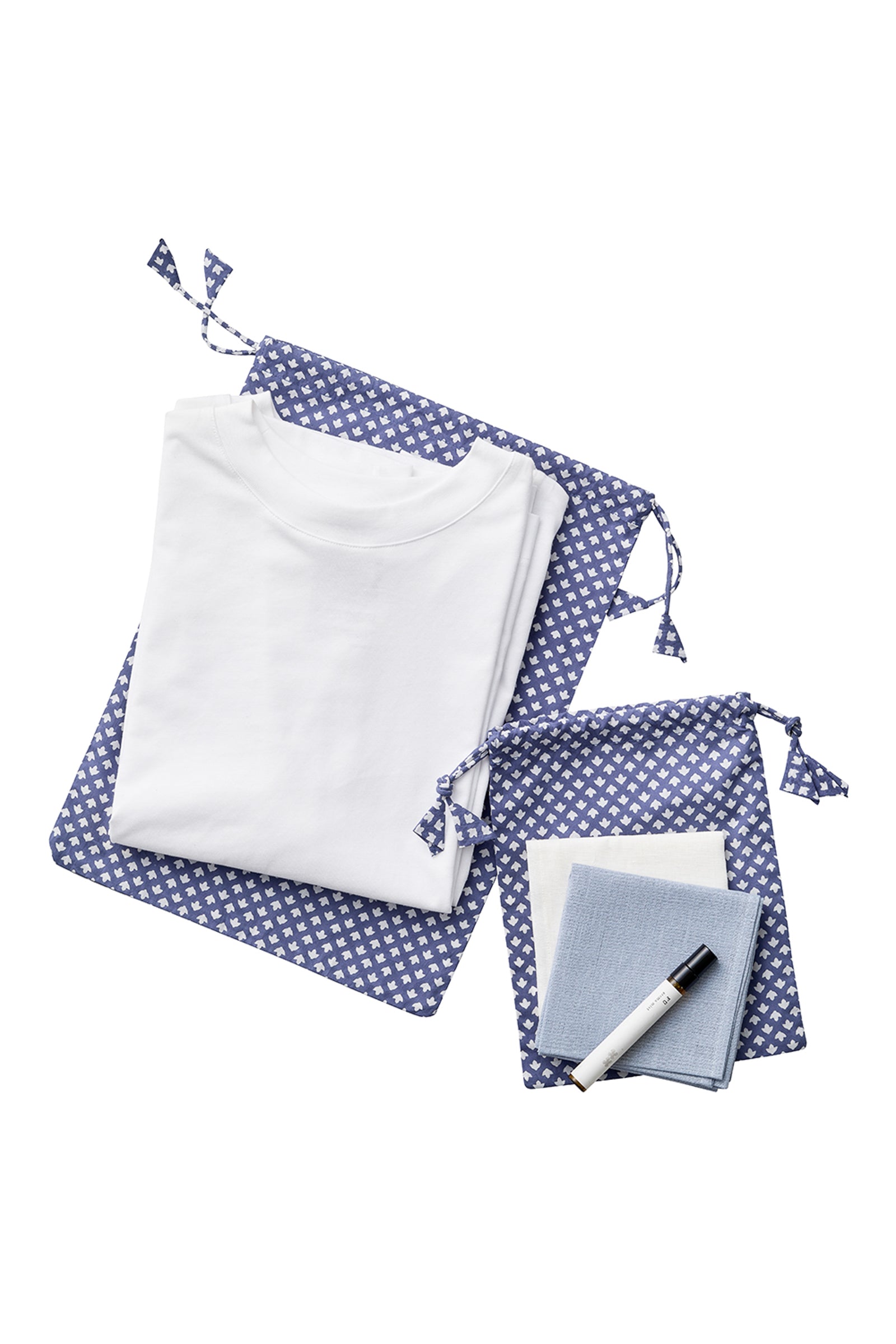 Lightweight Cotton Printed Drawstring Bag Set - Print Blue