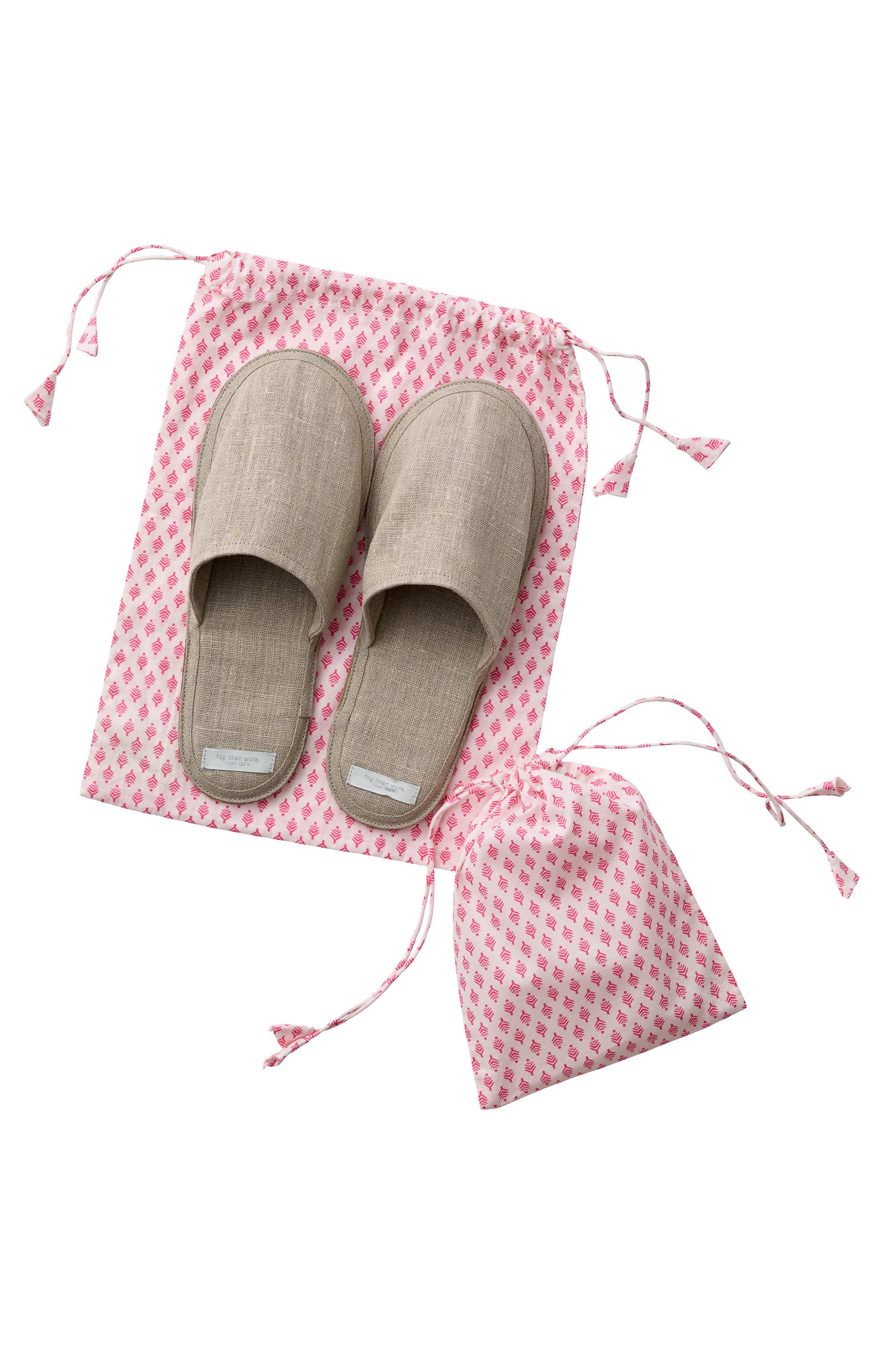 Lightweight Cotton Printed Drawstring Bag Set - Pink