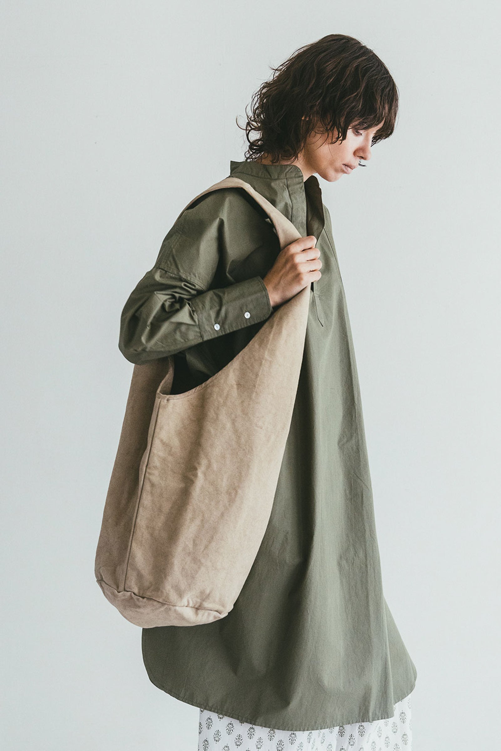 Cotton Canvas Bucket Tote Bag - Beige