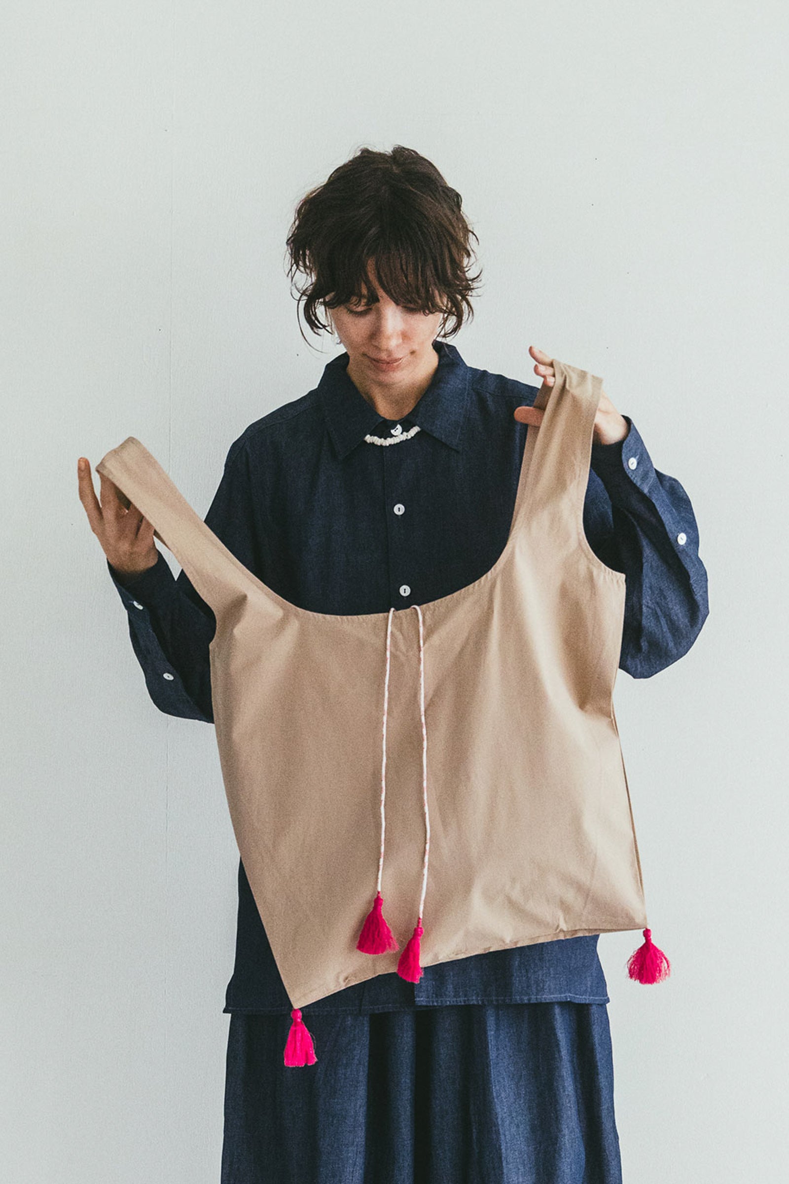 Lightweight Cotton Tote bag with Tassels - Beige