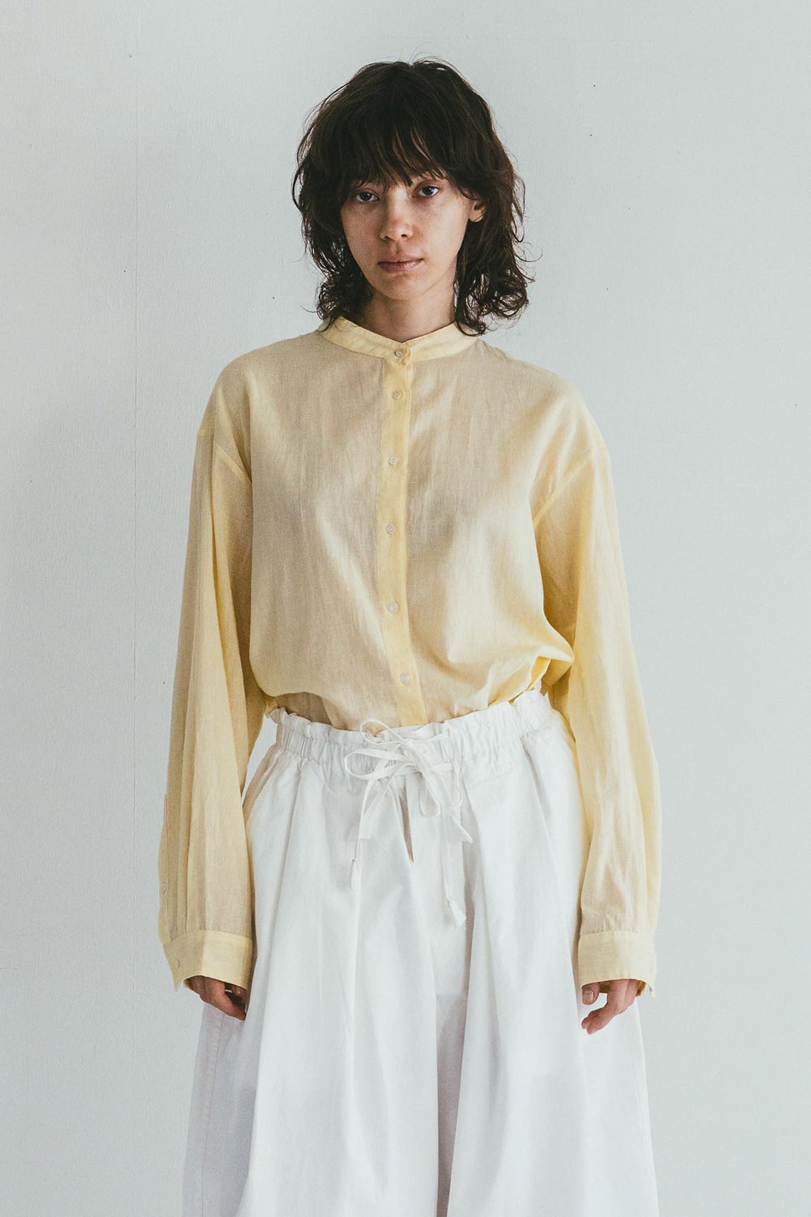 Band Collar Summer Sheer Women Shirt - Yellow