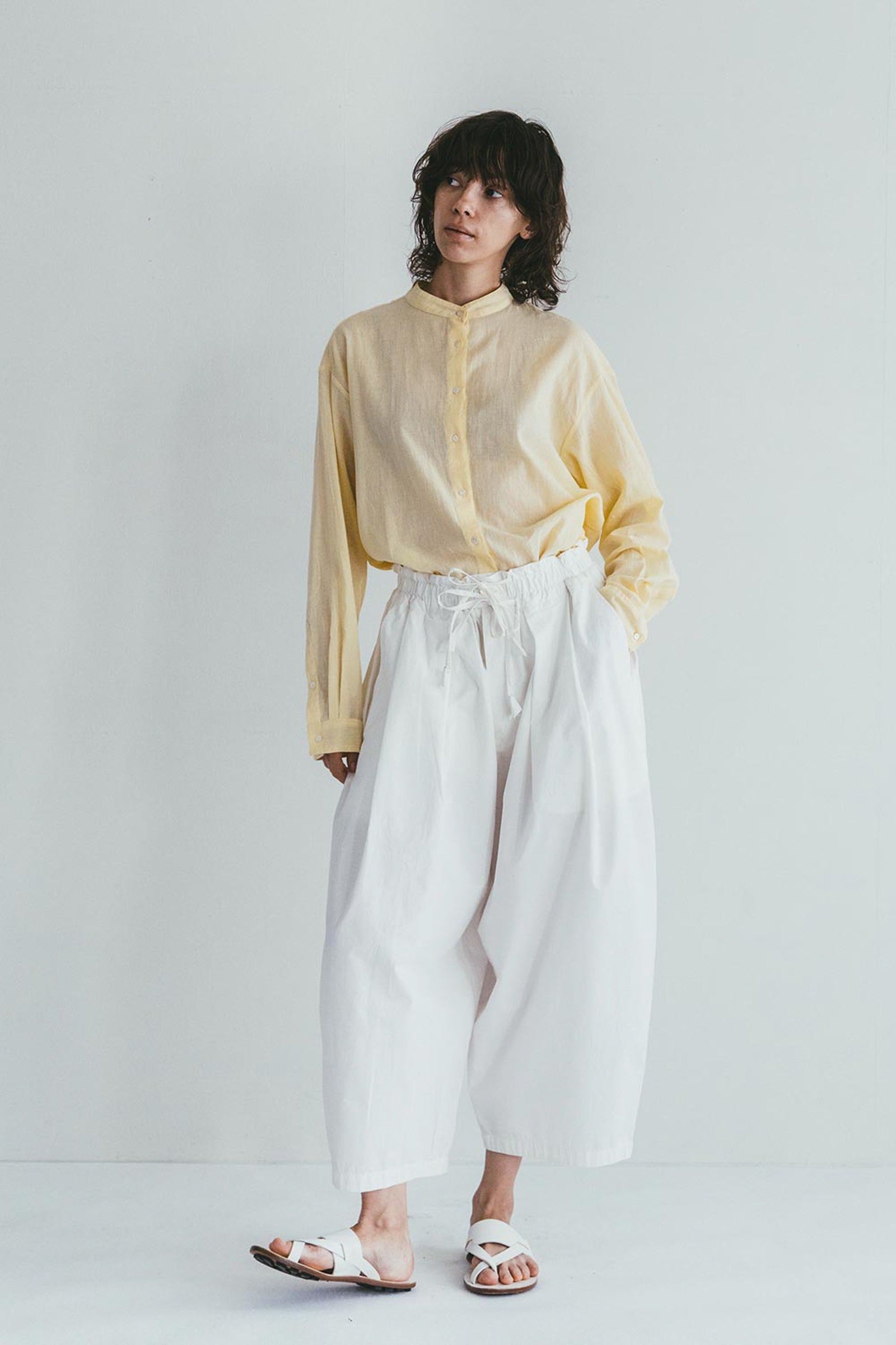Band Collar Summer Sheer Women Shirt - Yellow