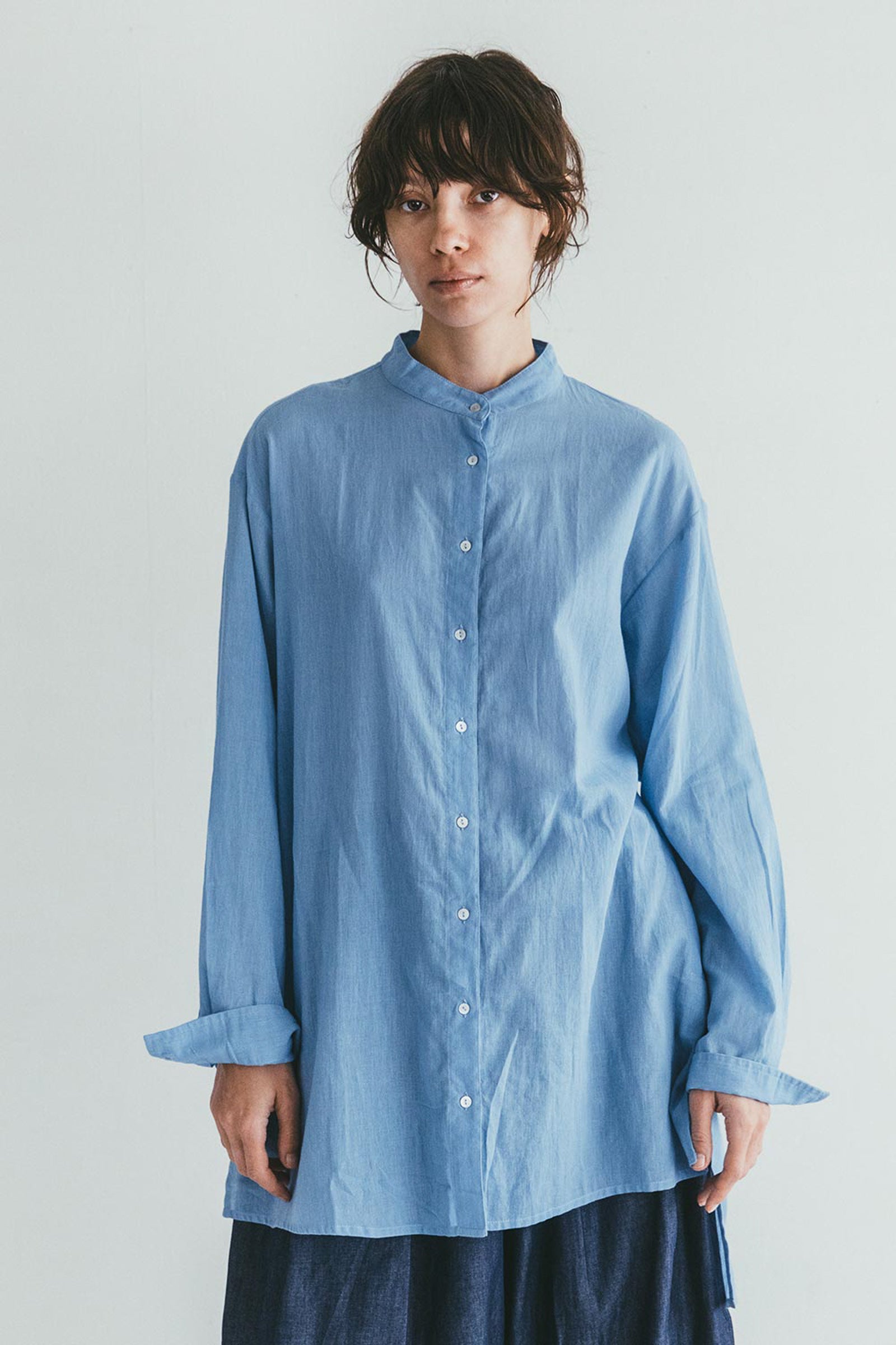 Band Collar Summer Sheer Women Shirt - Light Blue