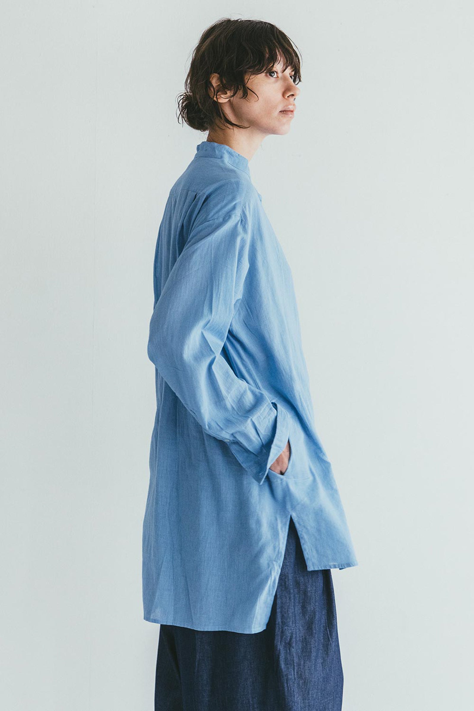 Band Collar Summer Sheer Women Shirt - Light Blue
