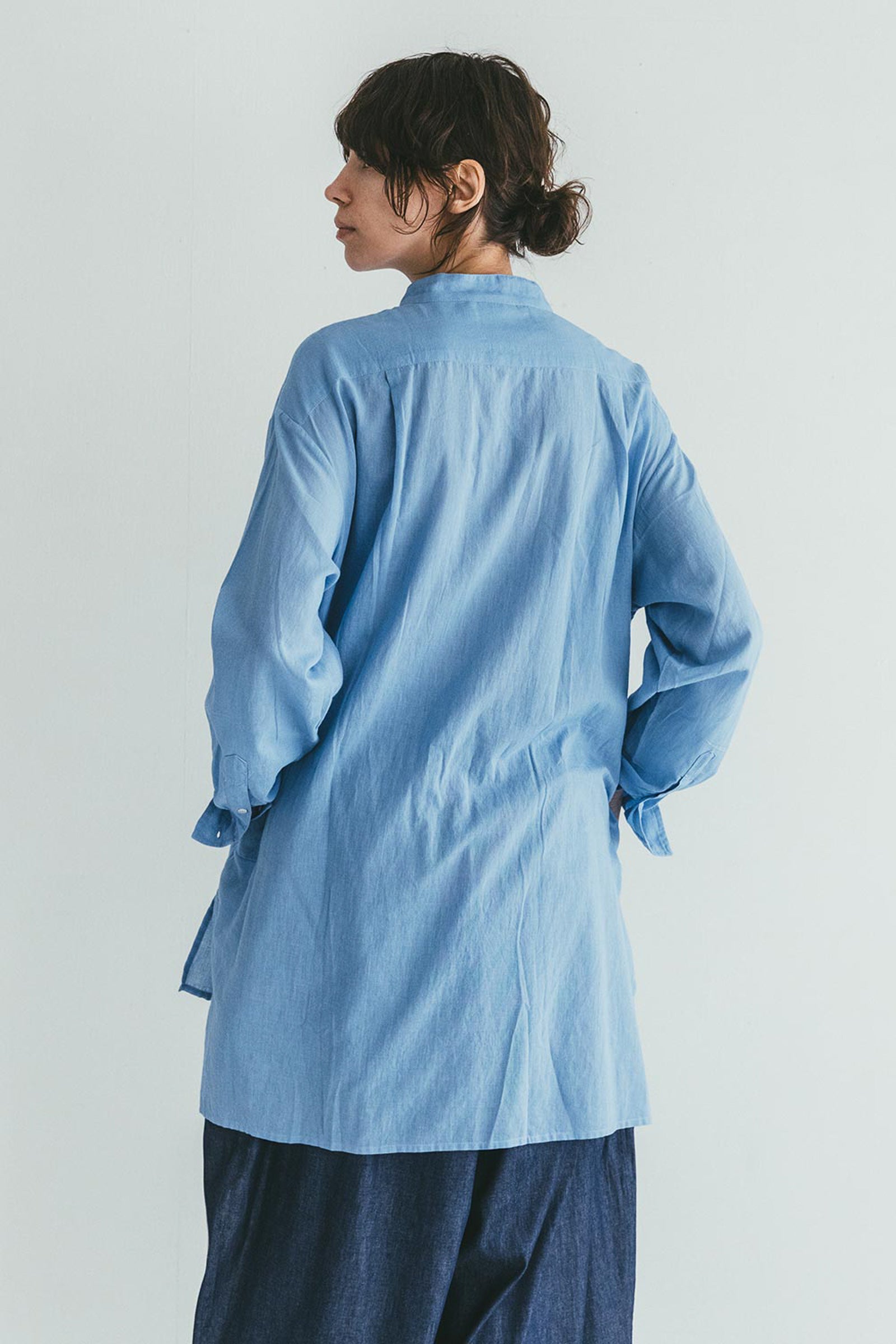 Band Collar Summer Sheer Women Shirt - Light Blue