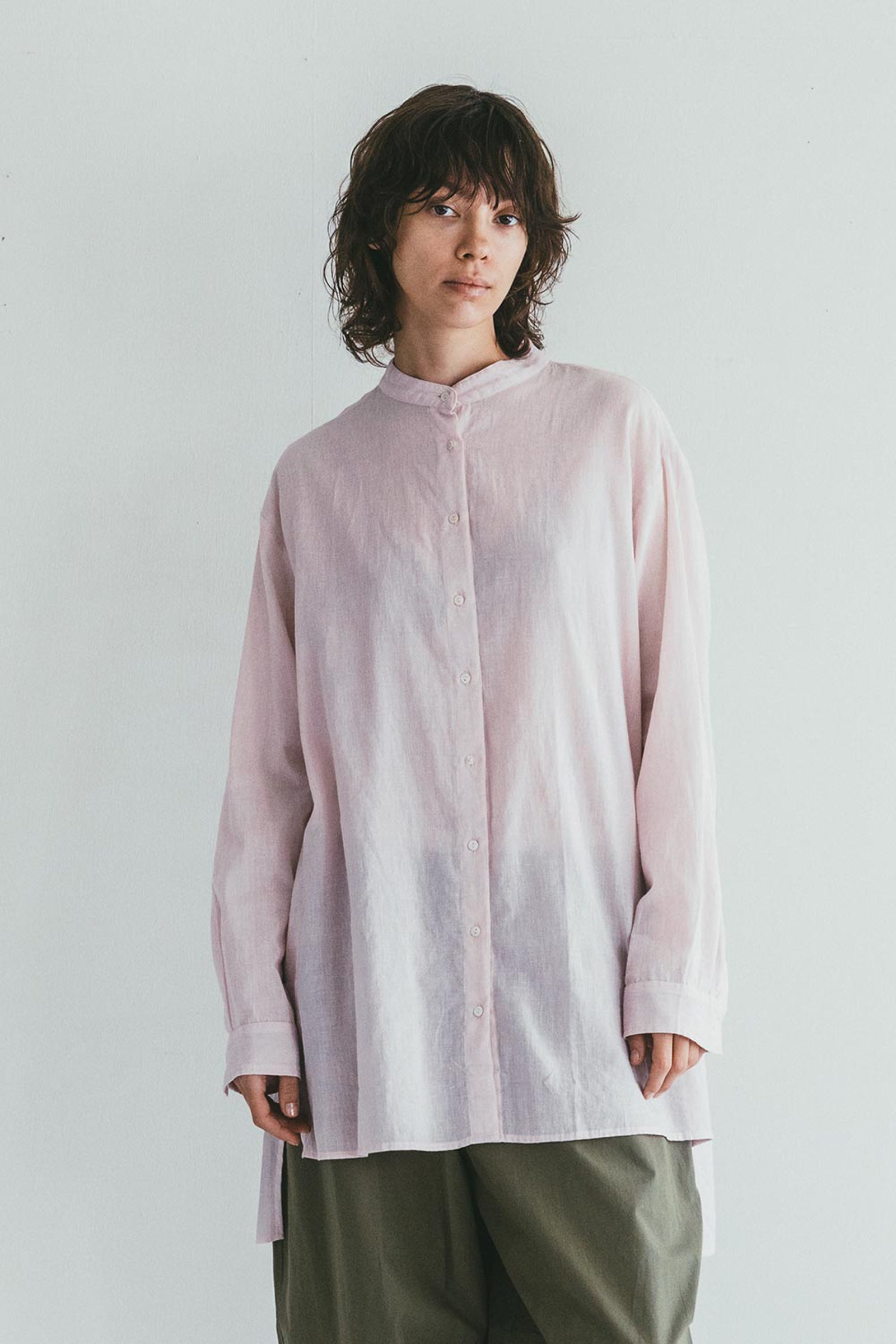 Band Collar Summer Sheer Women Shirt - Light Pink