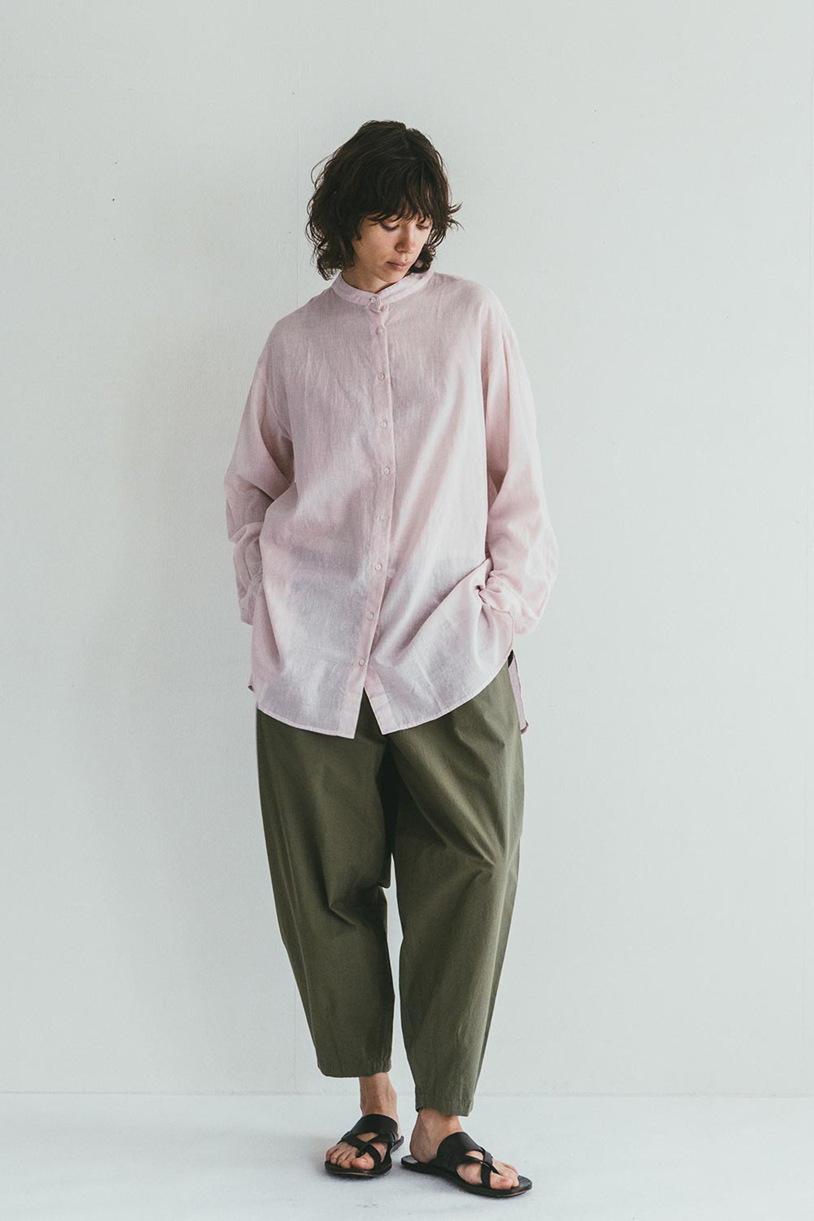 Band Collar Summer Sheer Women Shirt - Light Pink