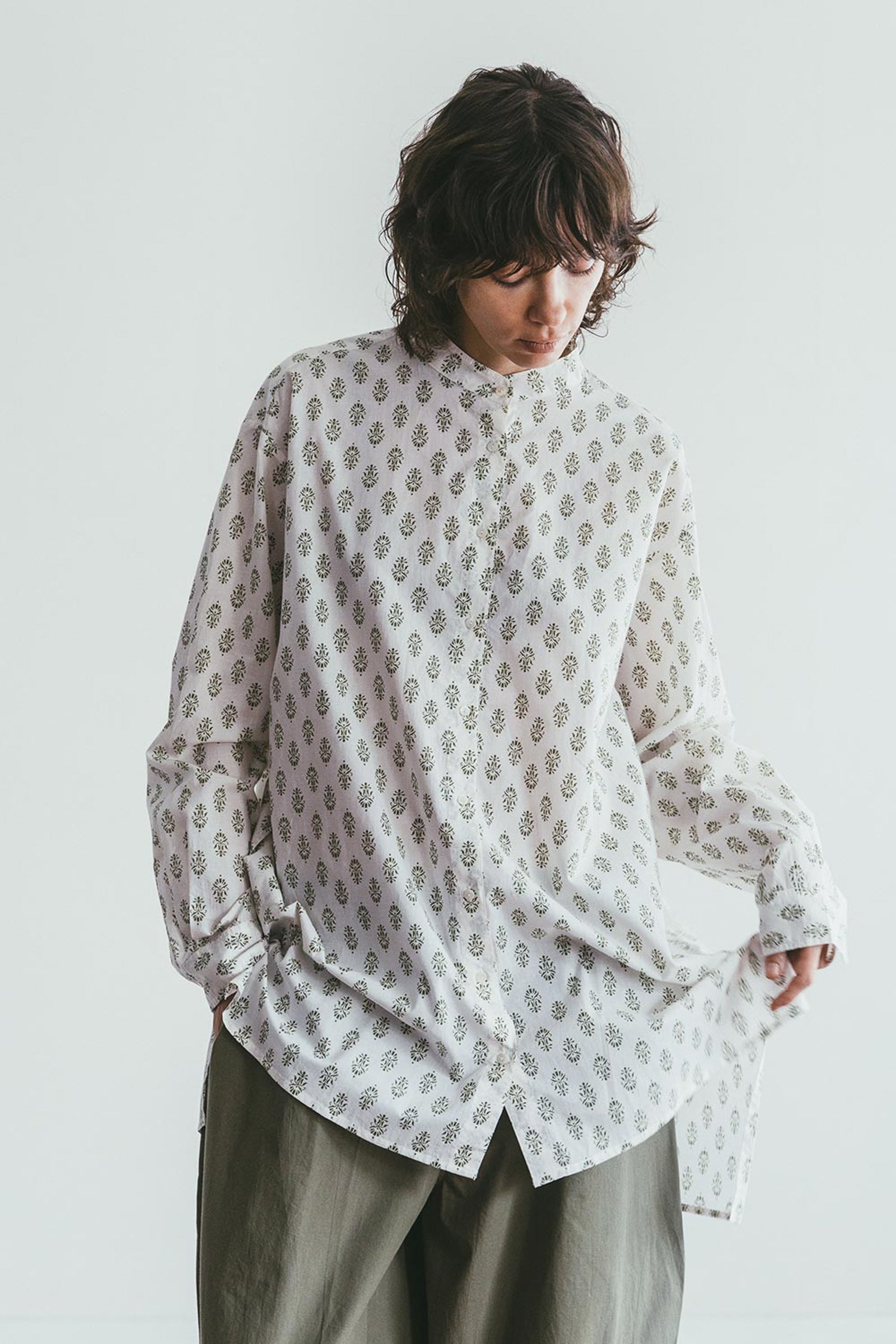 Band Collar Summer Sheer Women Shirt - Print Sage