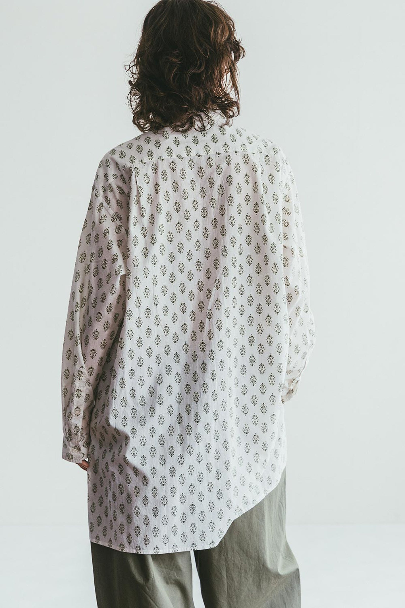 Band Collar Summer Sheer Women Shirt - Print Sage