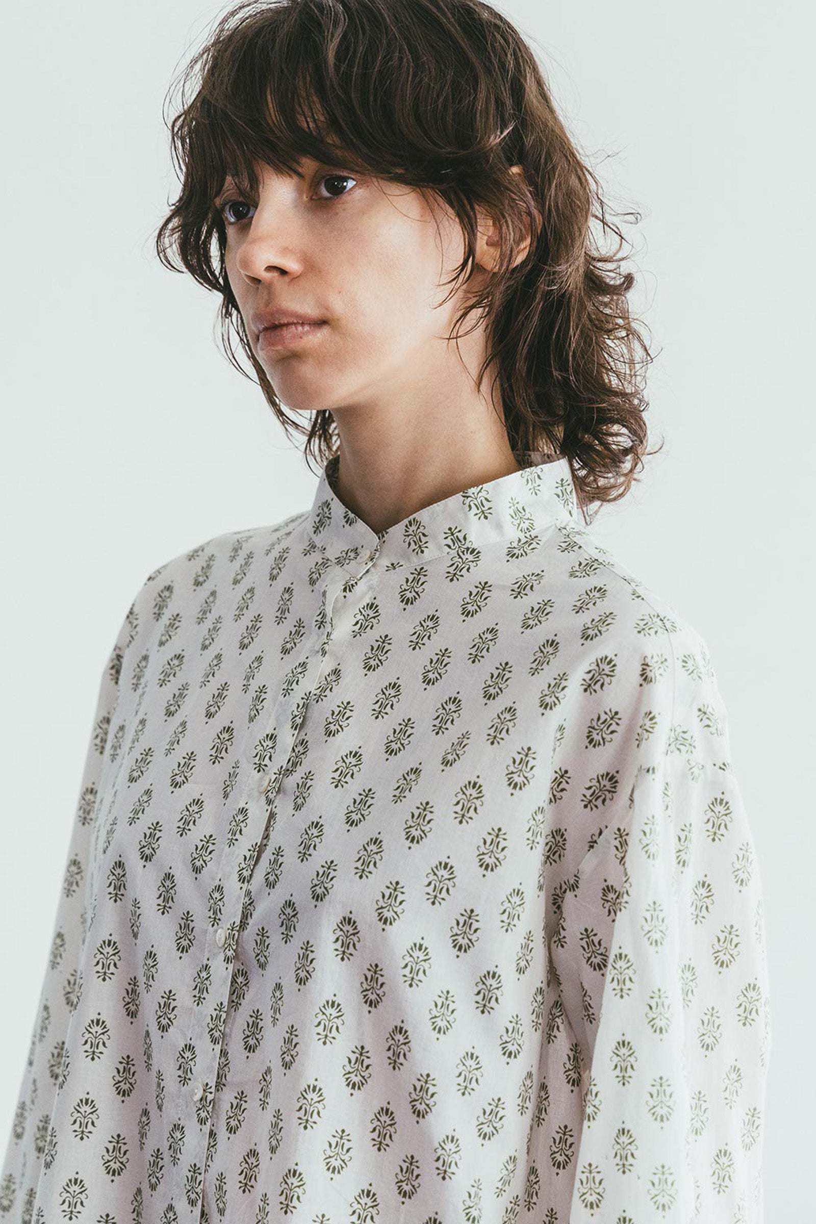 Band Collar Summer Sheer Women Shirt - Print Sage