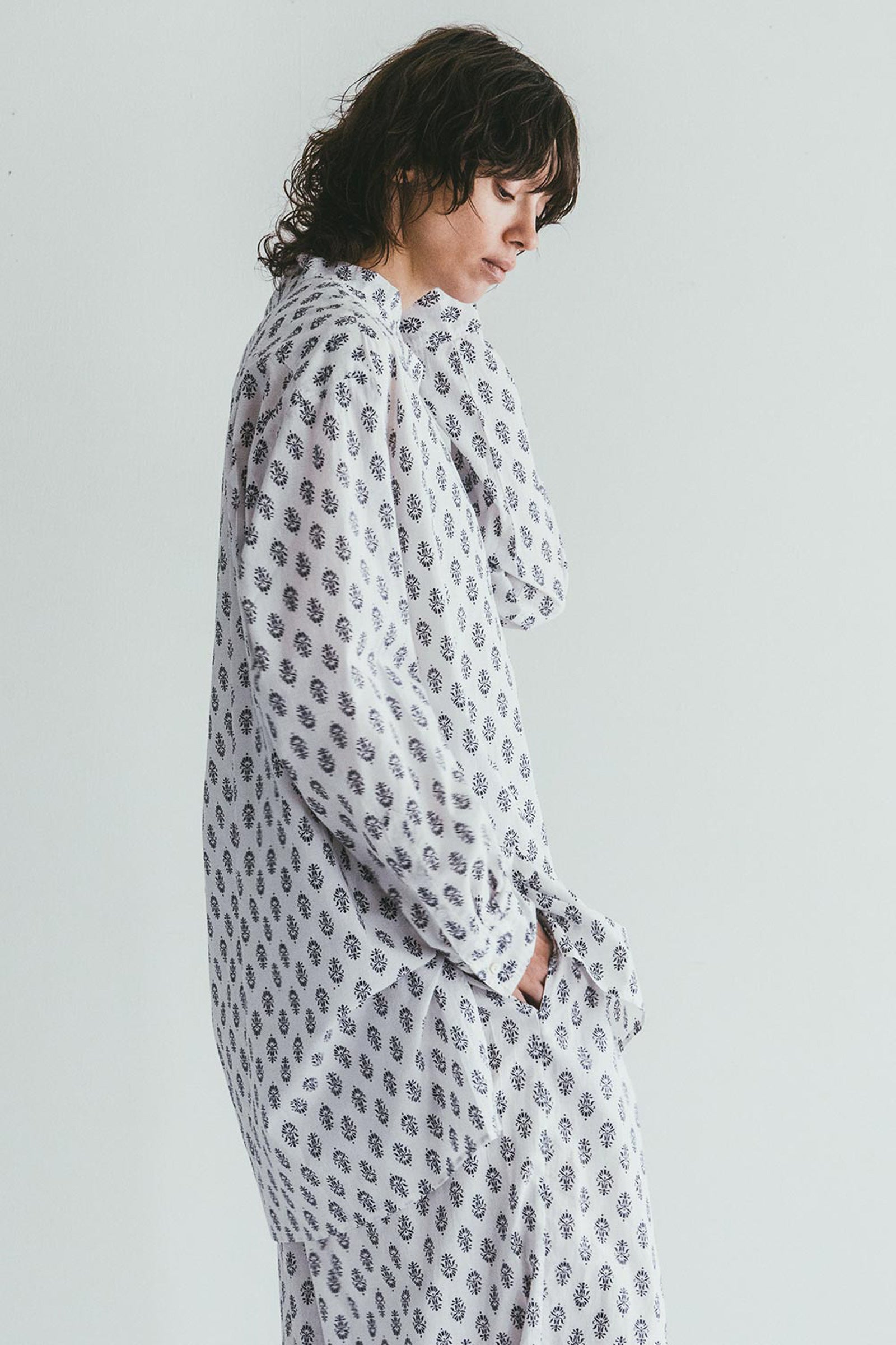 Band Collar Summer Sheer Women Shirt - Print Black