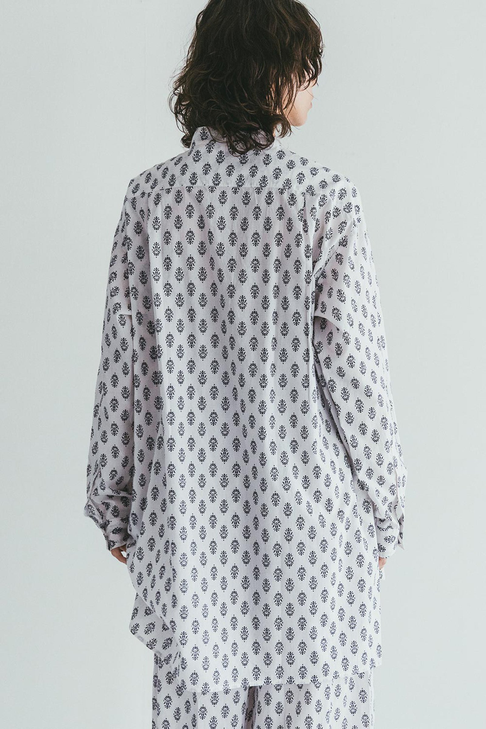 Band Collar Summer Sheer Women Shirt - Print Black