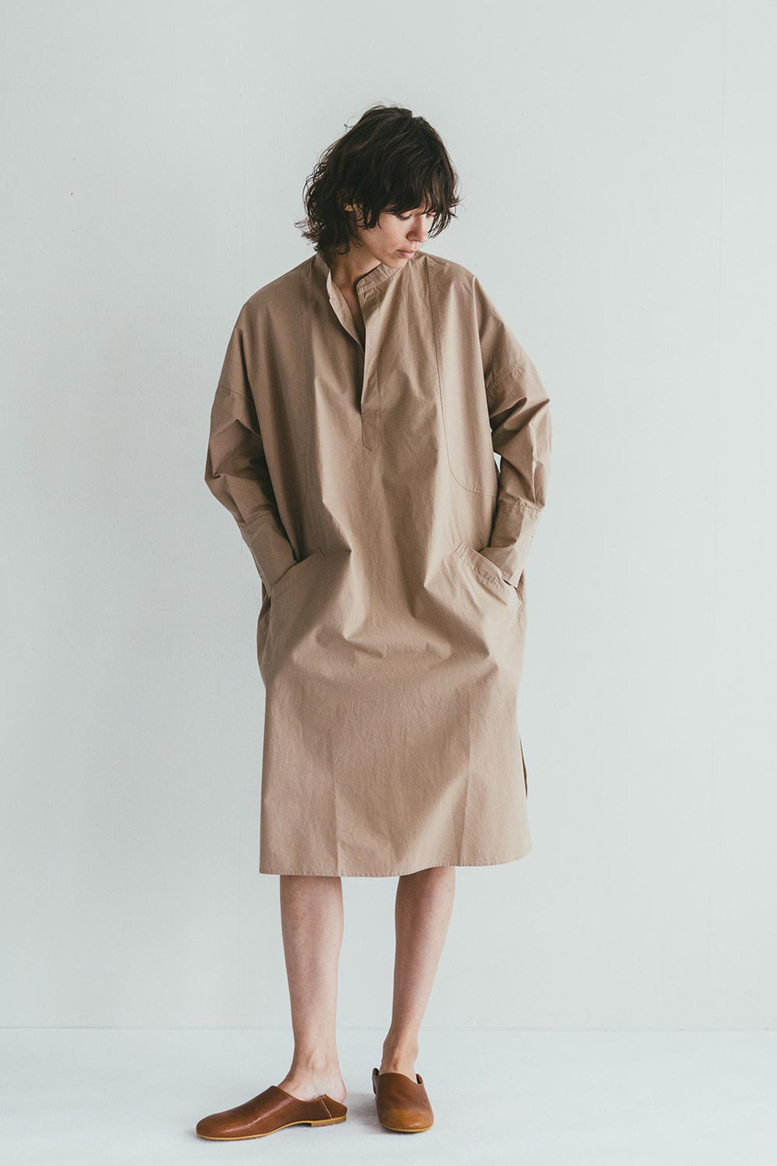 Women Long Sleeve Box Dress - Beige