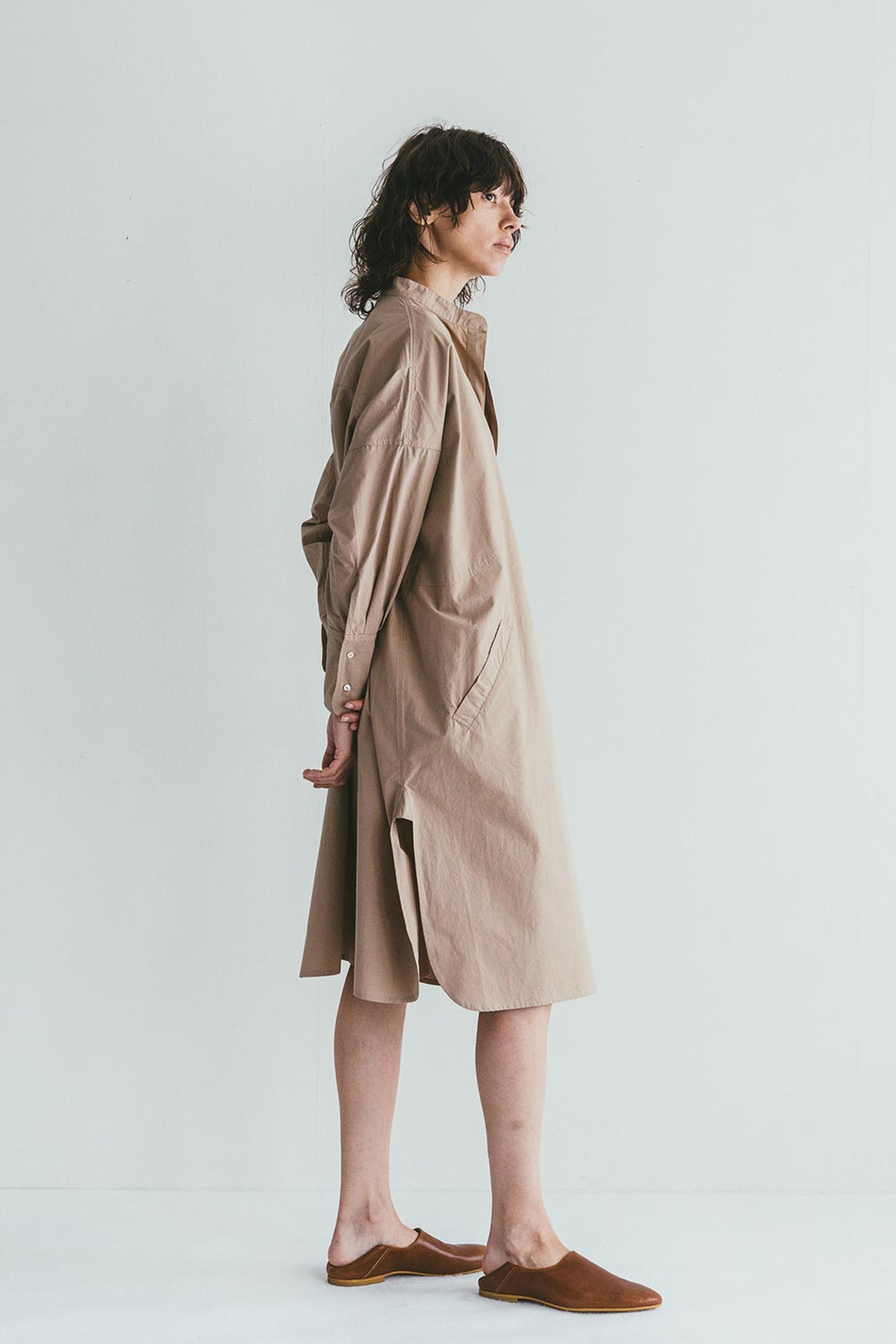 Women Long Sleeve Box Dress - Beige