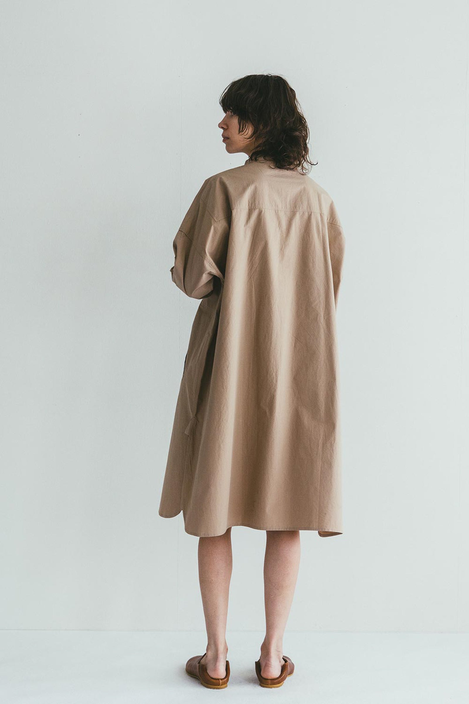 Women Long Sleeve Box Dress - Beige