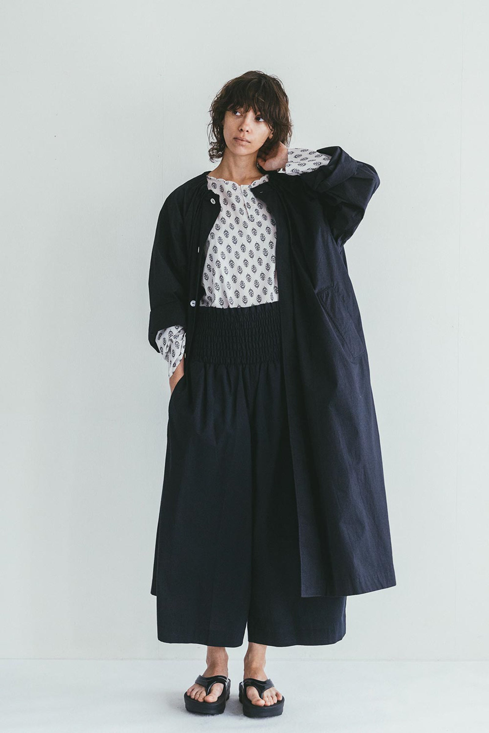 Oversized Round Collar Long Spring Coat - Navy
