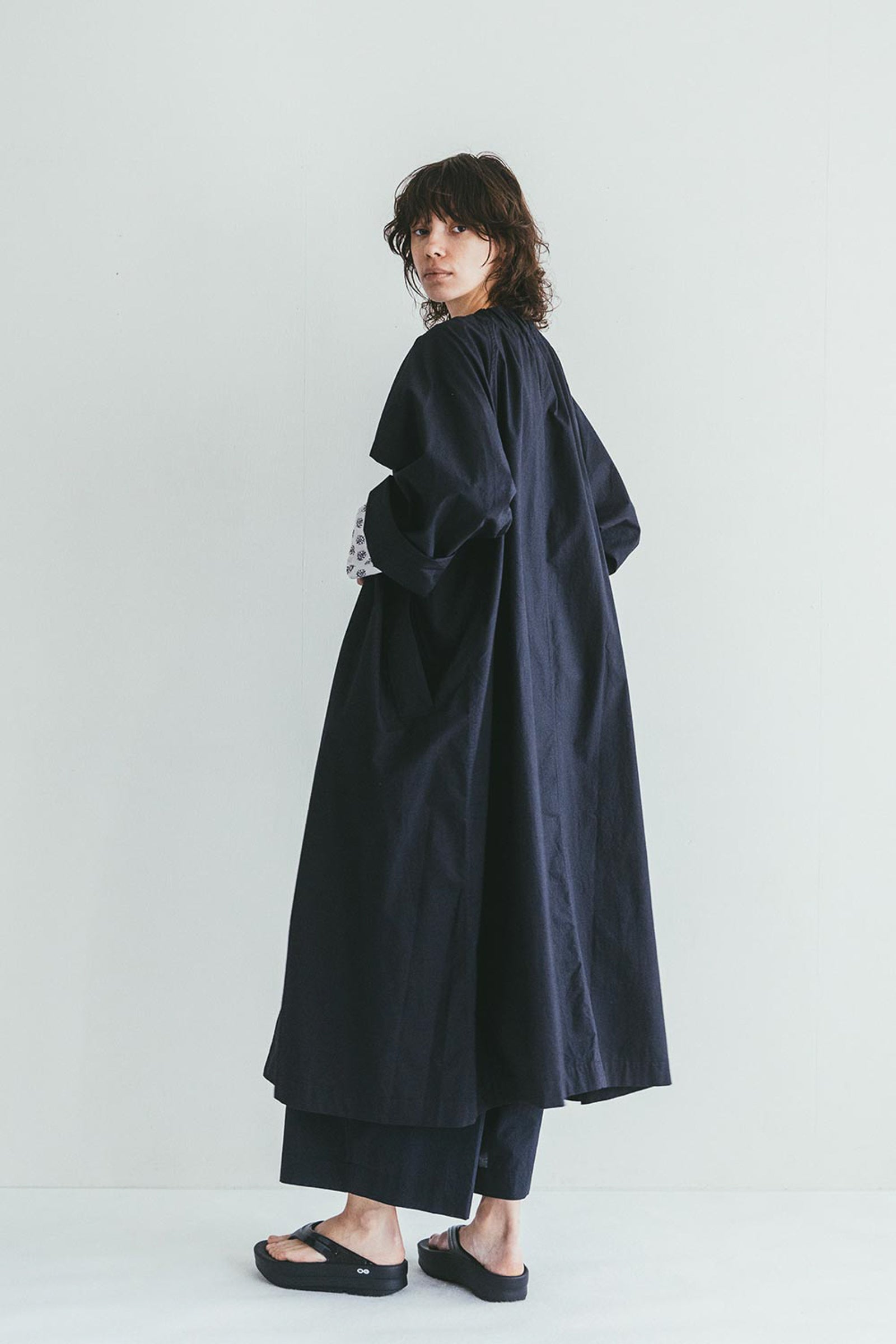 Oversized Round Collar Long Spring Coat - Navy
