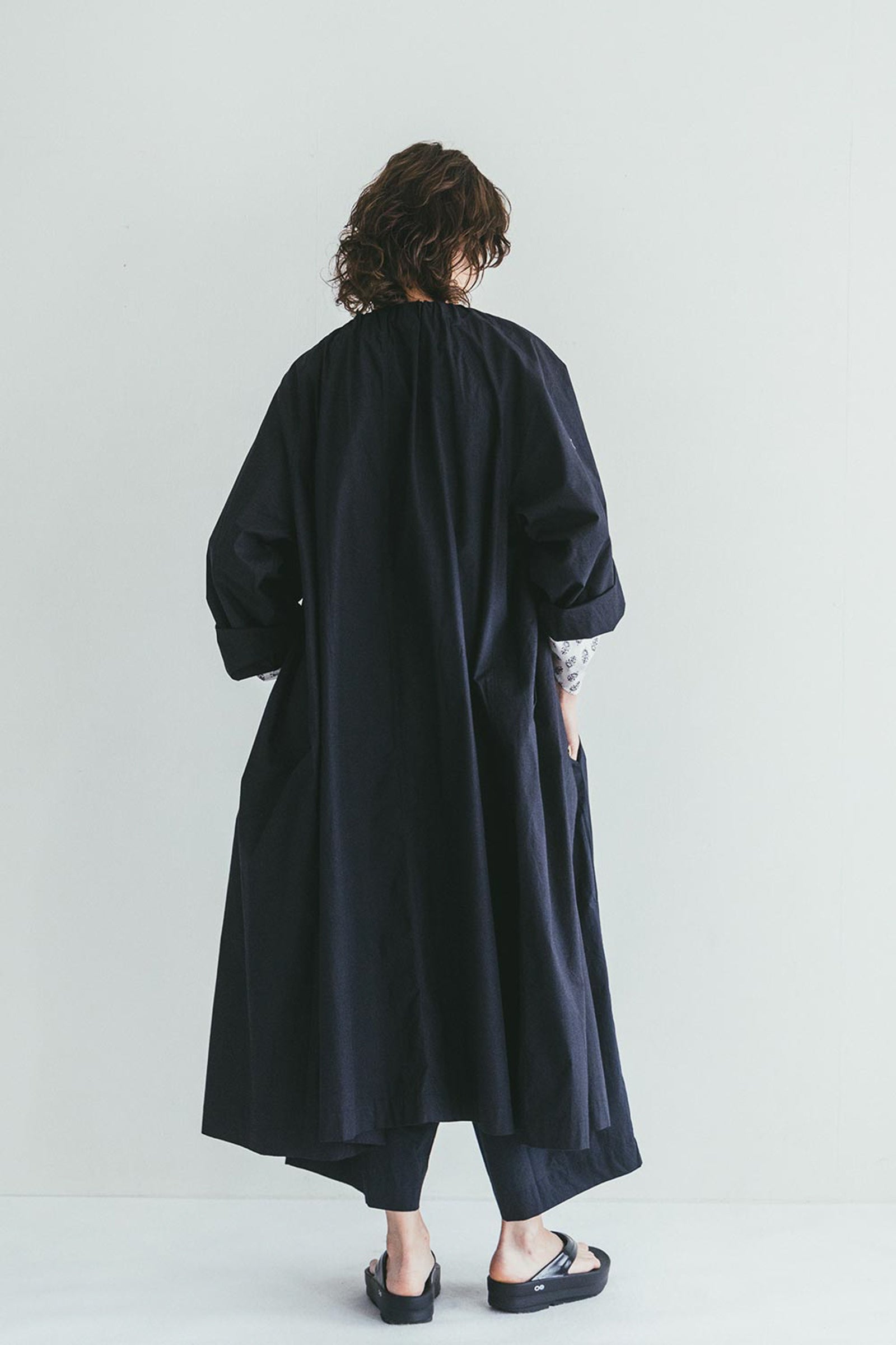 Oversized Round Collar Long Spring Coat - Navy