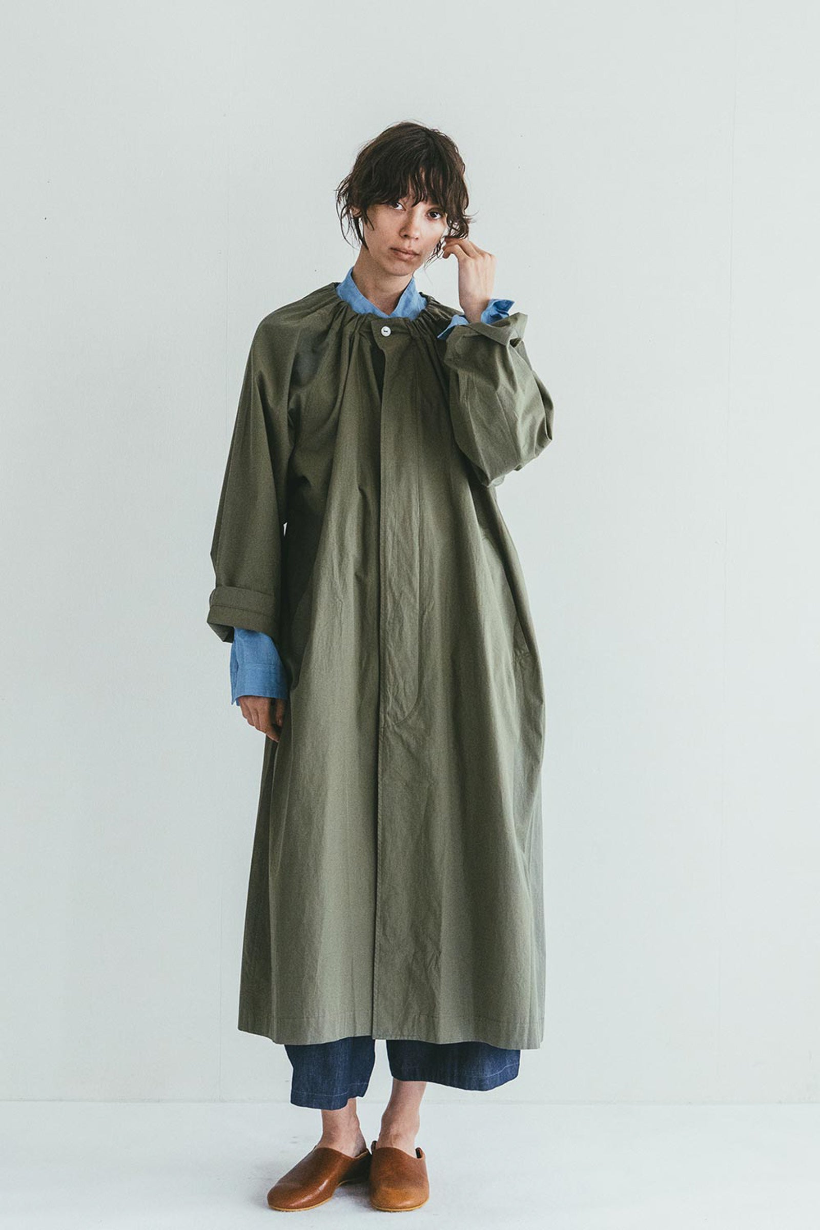 Oversized Round Collar Long Spring Coat - Sage Green