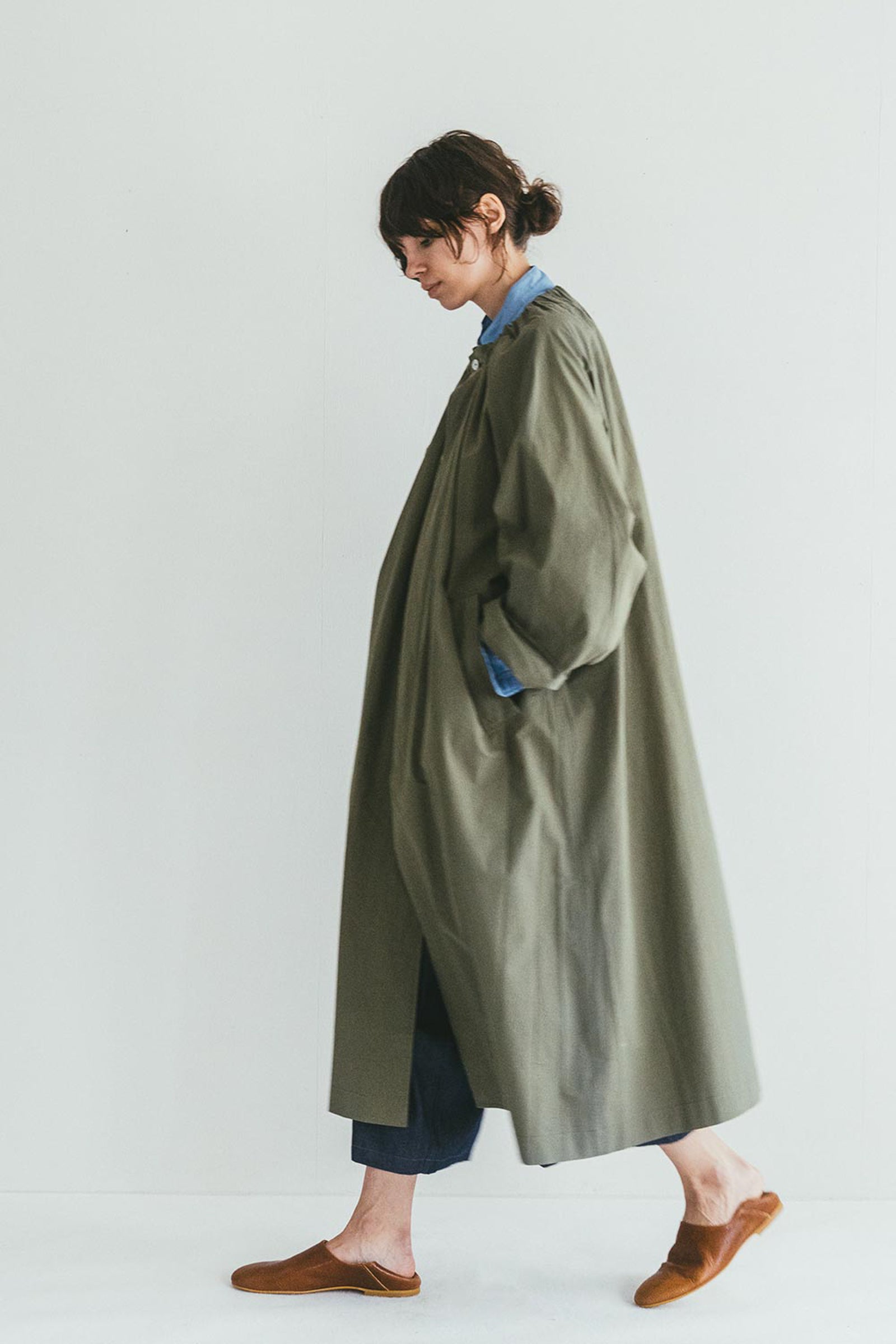 Oversized Round Collar Long Spring Coat - Sage Green