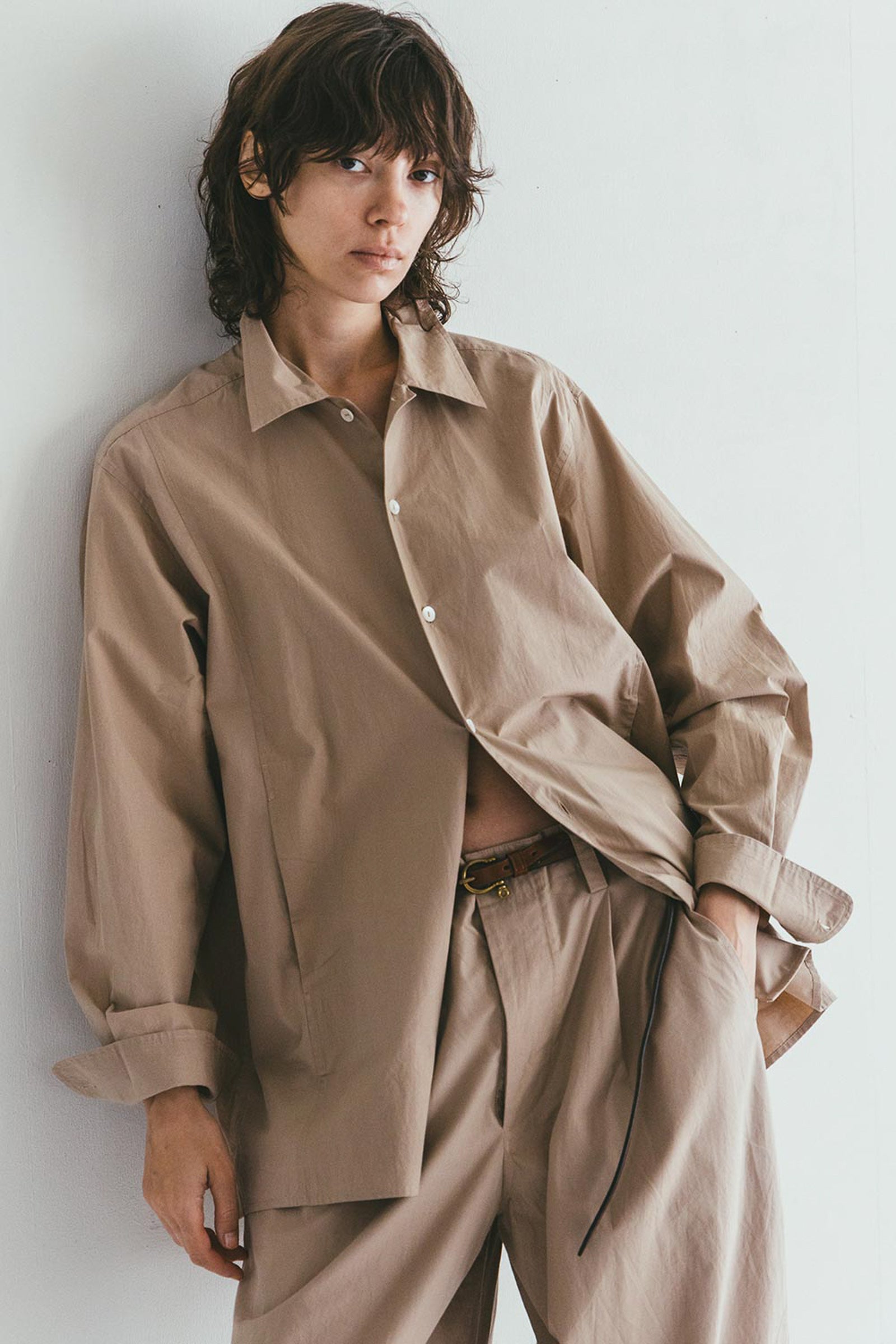 Women Cotton Shirt Long Sleeve - Beige