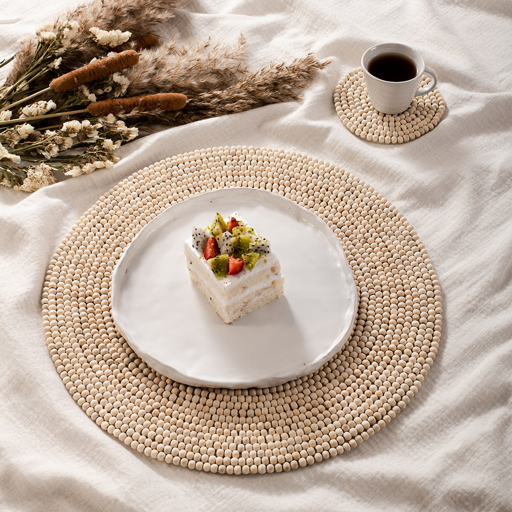Handmade White Color 14 Inch Wooden Beaded Placemat