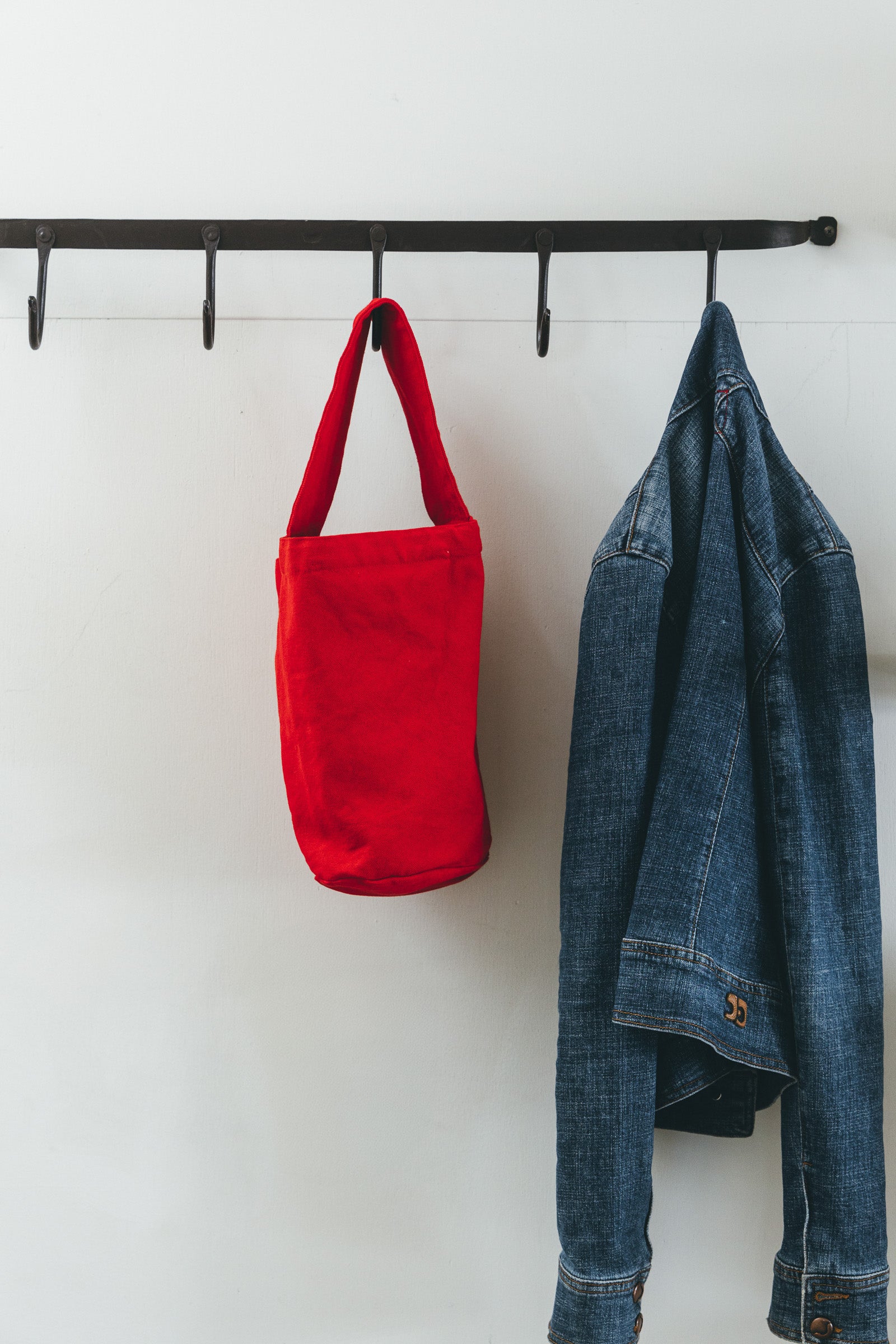 Cotton Canvas Small Bucket Tote Bag - Red