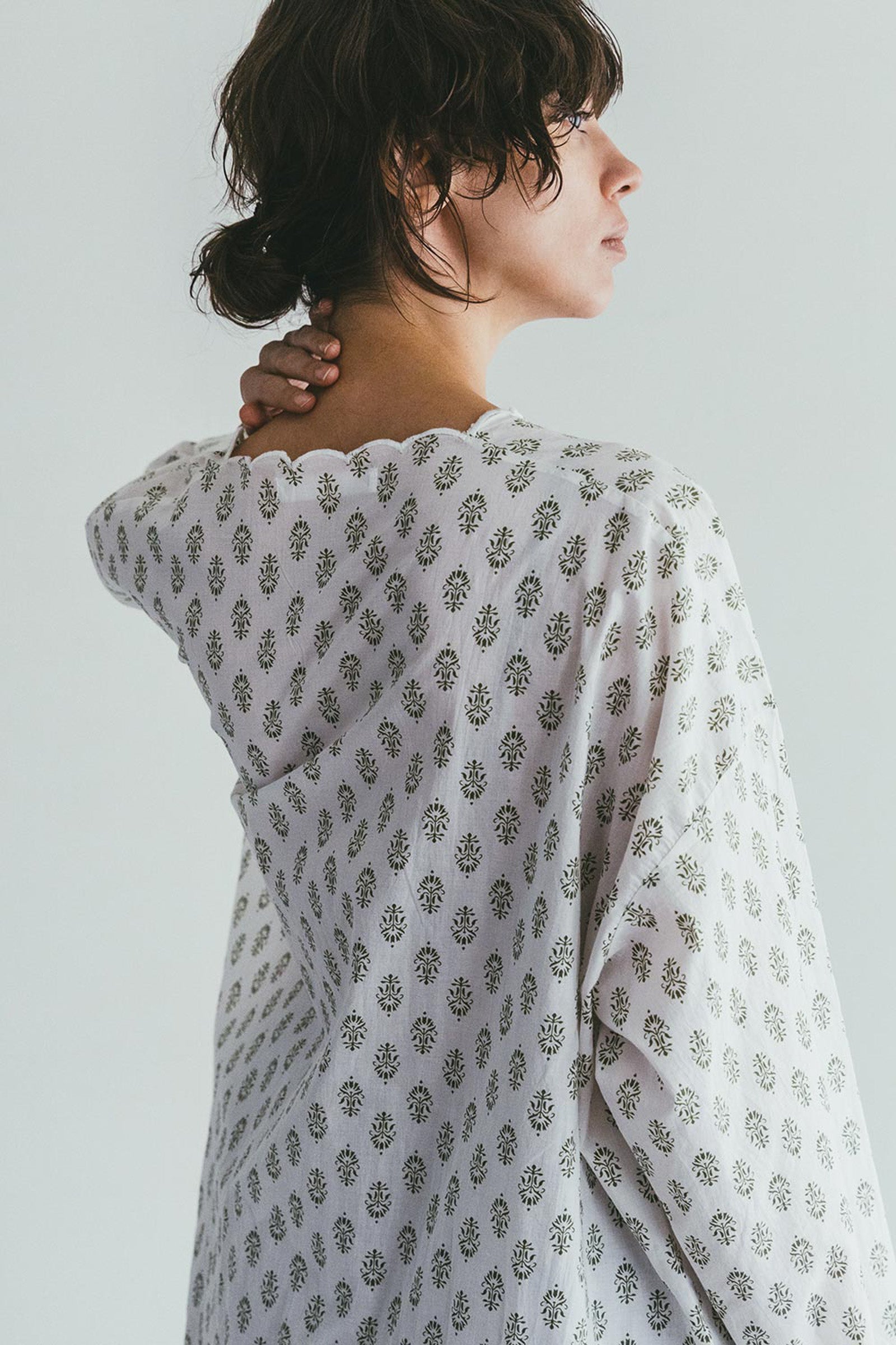 Casual Scallop Collar Shirt  - Print Sage